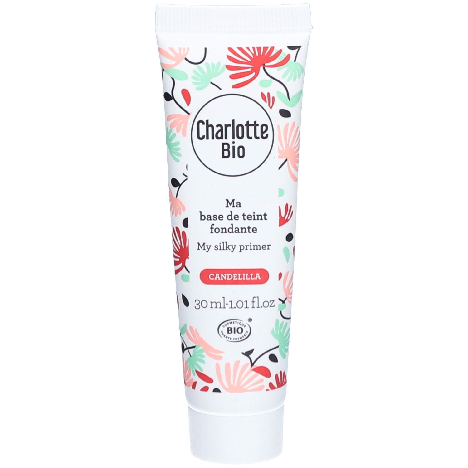 Tube mit floralem Muster und Produktnamen Charlotte Bio. Text: Ma base de teint fondante, My silky primer, Candelilla, 30 ml.