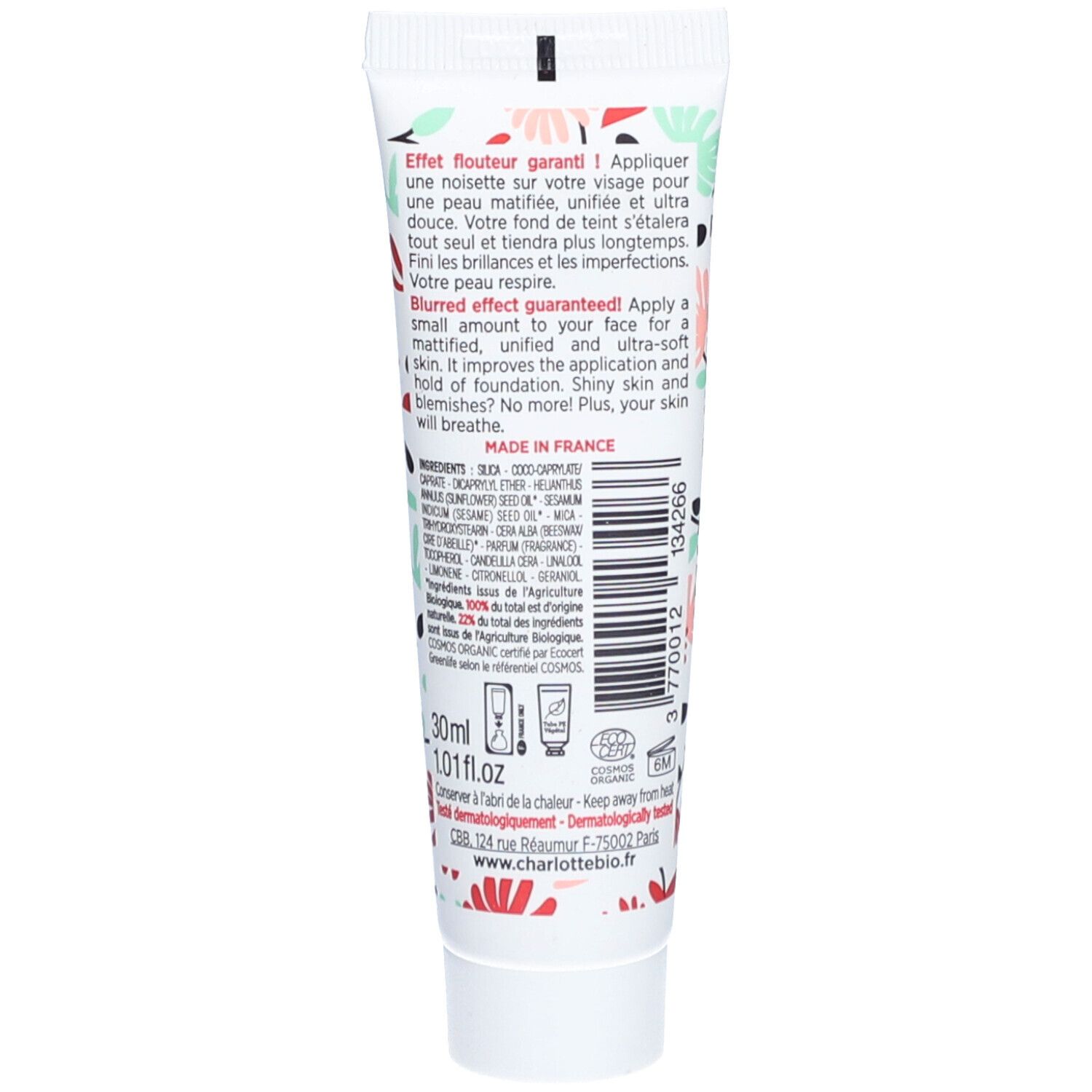 Rückseite der Primer-Tube mit Text und Inhaltsstoffen. Text: Effet flouteur garanti!, 30 ml, Bio-Siegel, Made in France.