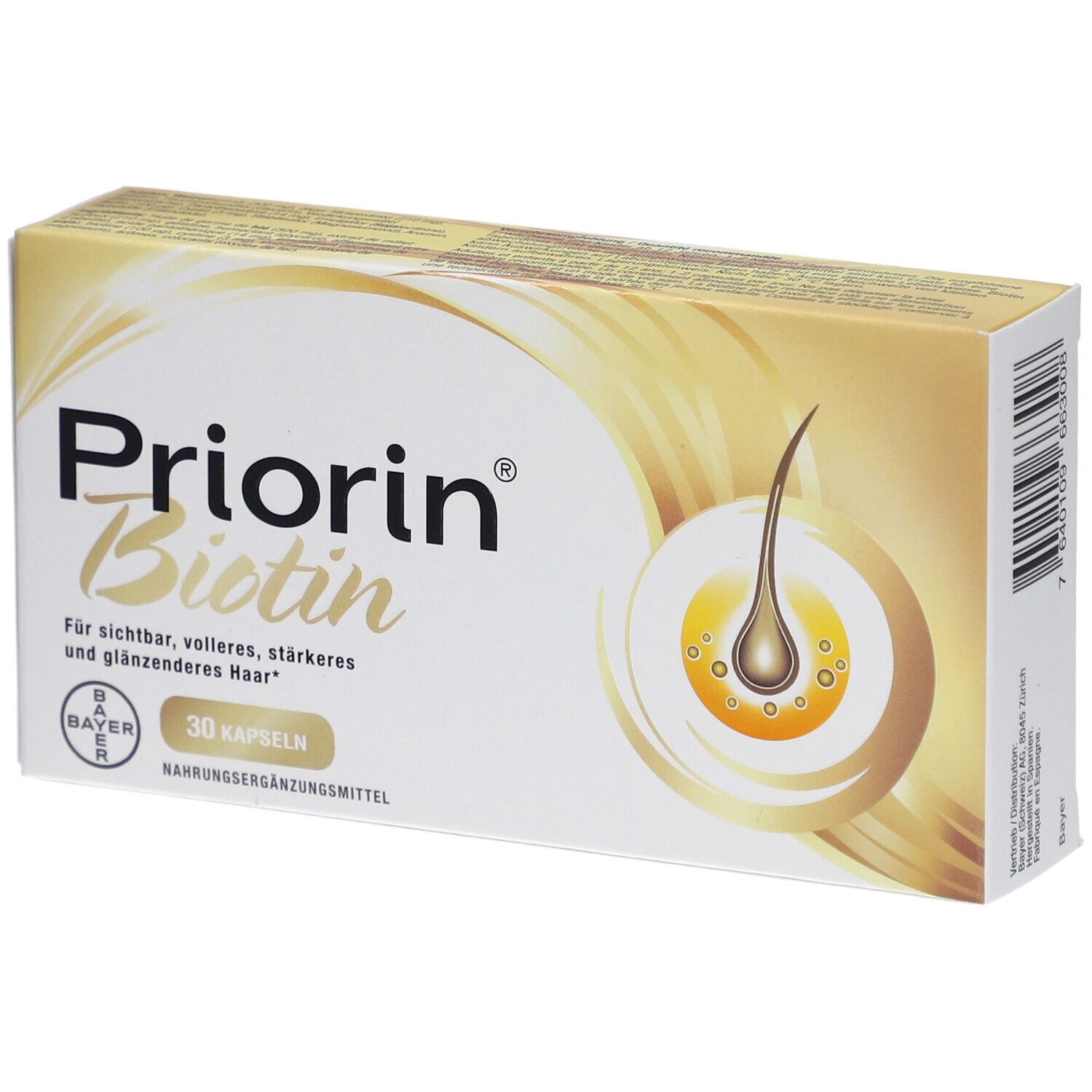 Schachtel Priorin Biotin. Aufschrift: 30 Kapseln. Bayer-Logo. Abbildung einer Haarzwiebel.