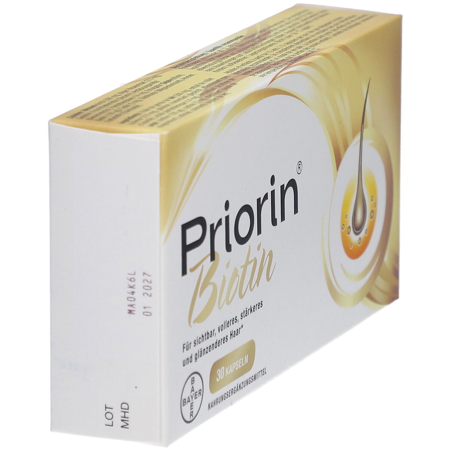 Schachtel Priorin Biotin. Aufschrift: 30 Kapseln. Bayer-Logo. Abbildung einer Haarzwiebel. MHD 01 2027.