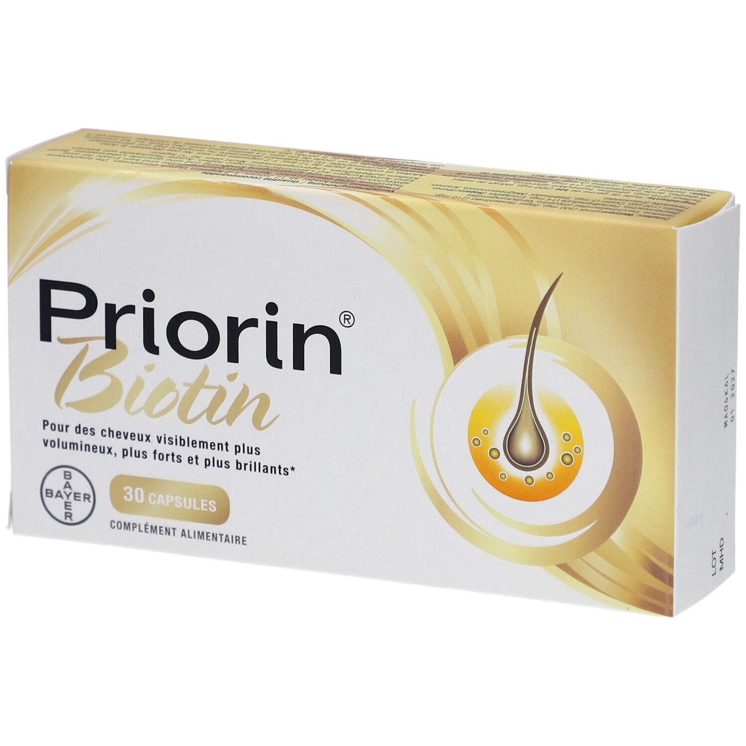 Schachtel Priorin Biotin. Aufschrift: 30 Kapseln. Bayer-Logo. Abbildung einer Haarzwiebel.