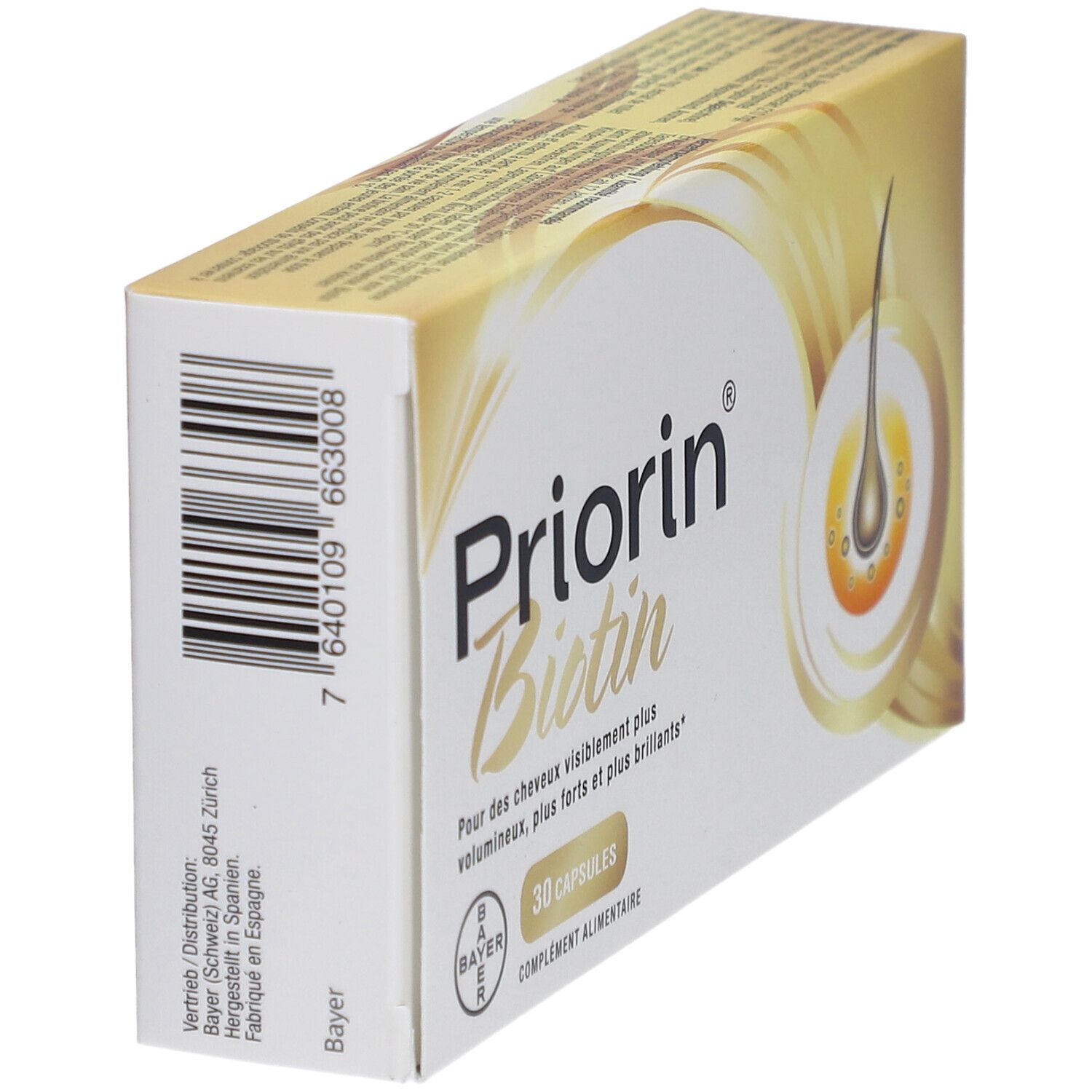 Schachtel Priorin Biotin. Aufschrift: 30 Kapseln. Bayer-Logo. Abbildung einer Haarzwiebel.