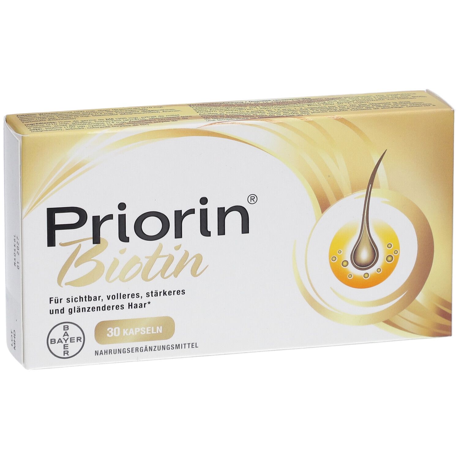 Schachtel Priorin Biotin. Aufschrift: 30 Kapseln. Bayer-Logo. Abbildung einer Haarzwiebel.