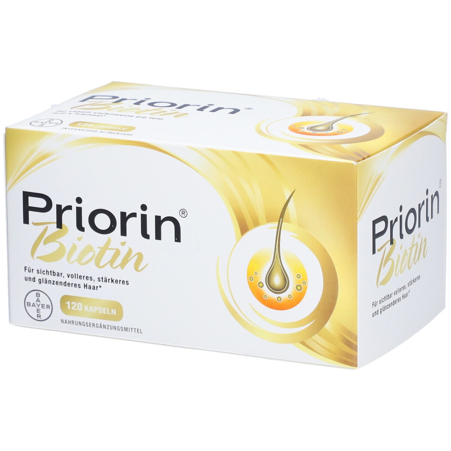 Priorin Biotin-Verpackung. Weißer Karton mit Produktnamen und Abbildung eines Haares. 120 Kapseln.