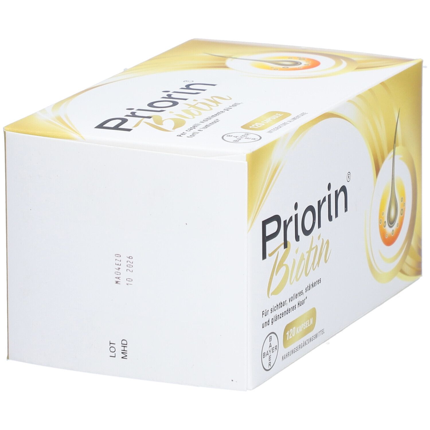 Priorin Biotin-Verpackung. Weißer Karton mit Produktnamen und MHD-Datum. Seitenansicht.