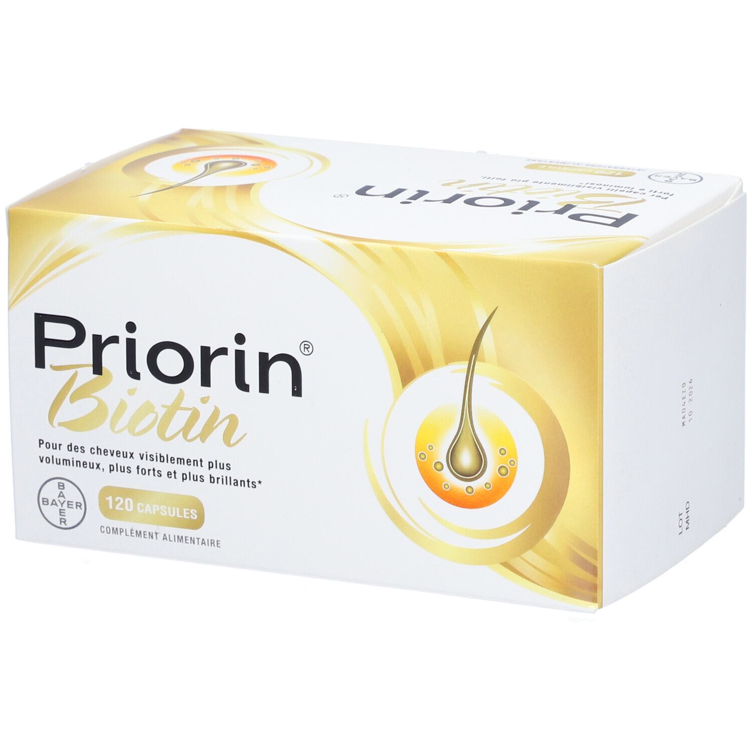 Priorin Biotin-Verpackung. Weißer Karton mit Produktnamen und Haar-Illustration. 120 Kapseln.