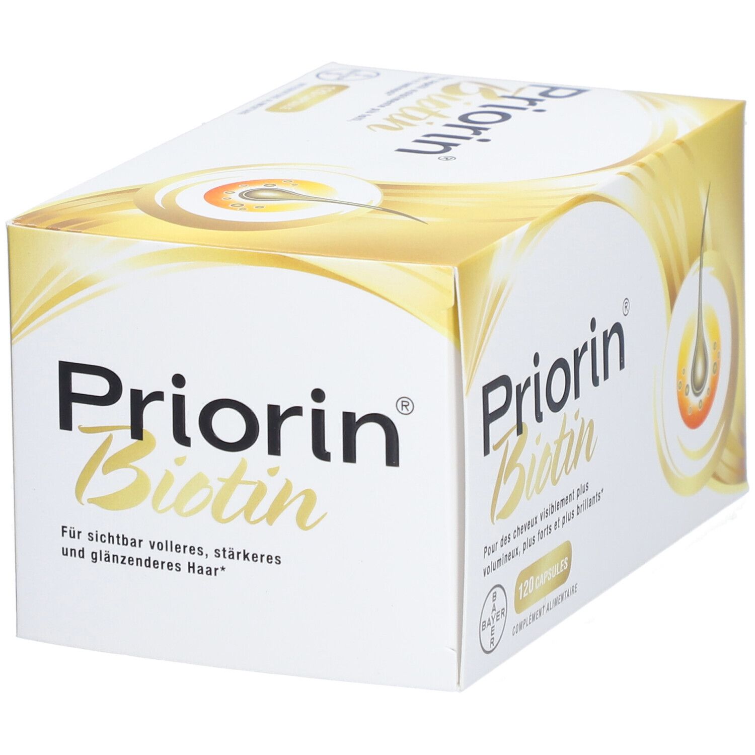 Priorin Biotin-Verpackung. Weißer Karton mit Produktnamen und Haar-Illustration. 120 Kapseln.