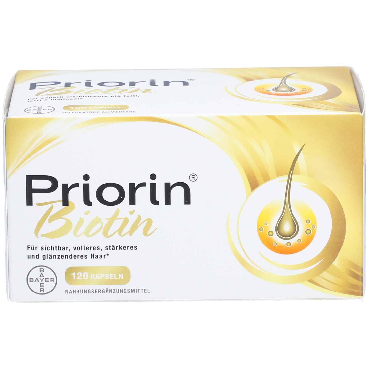 Priorin Biotin-Verpackung. Weißer Karton mit Produktnamen und Haar-Illustration. 120 Kapseln.