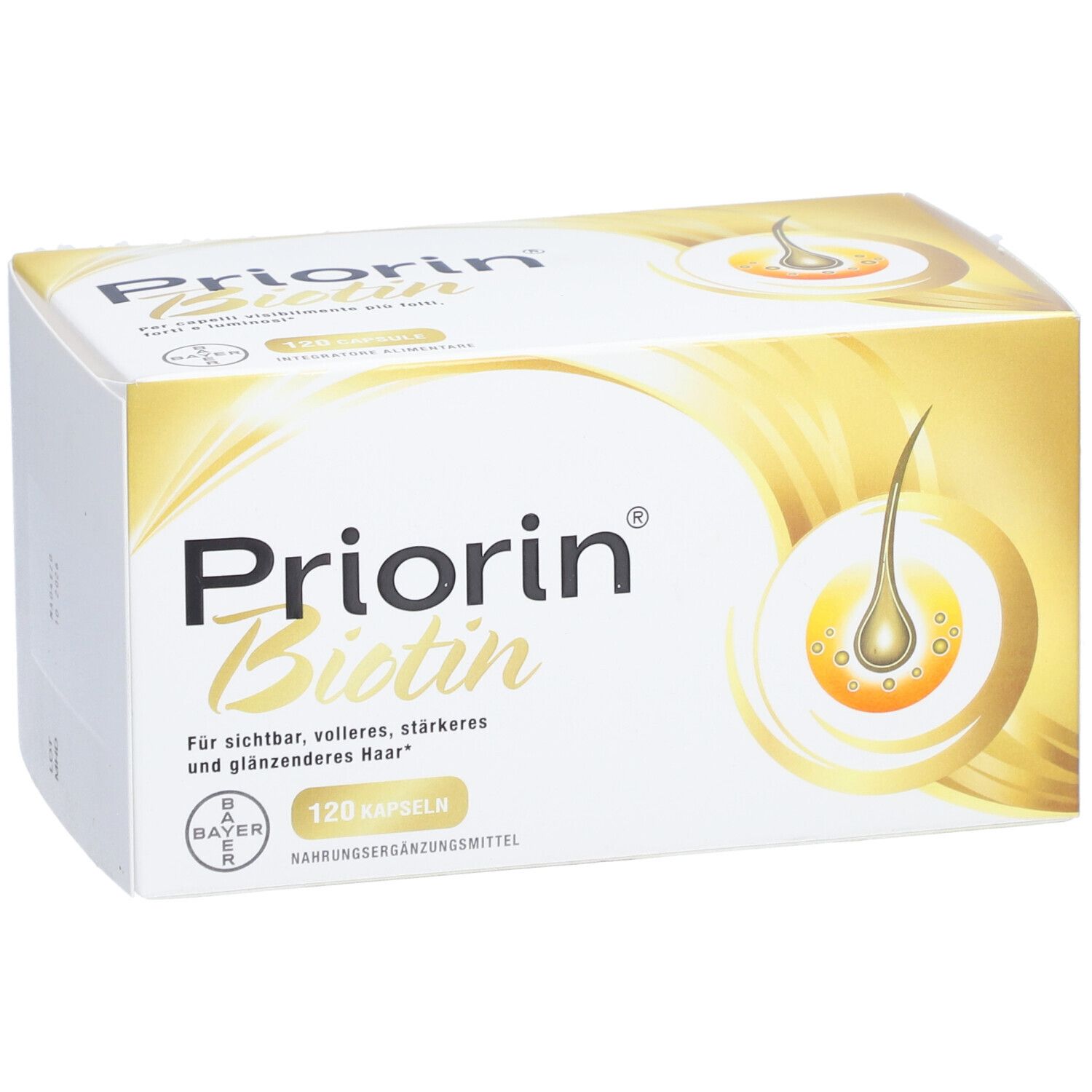 Priorin Biotin-Verpackung. Weißer Karton mit Produktnamen und Haar-Illustration. 120 Kapseln.