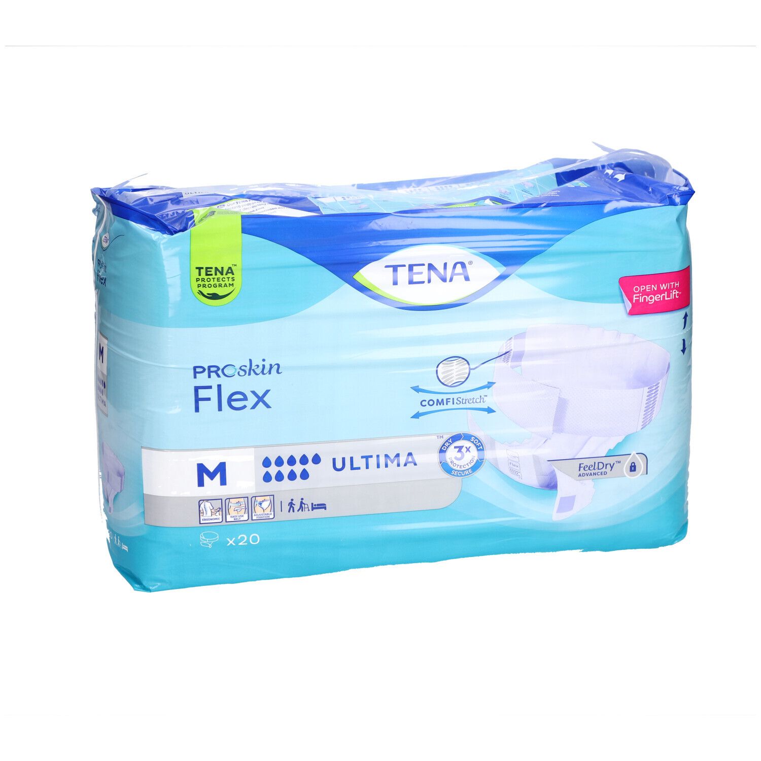 Emballage TENA ProSkin Flex Ultima M. Emballage bleu avec image du produit. Taille M, 20 pièces.
