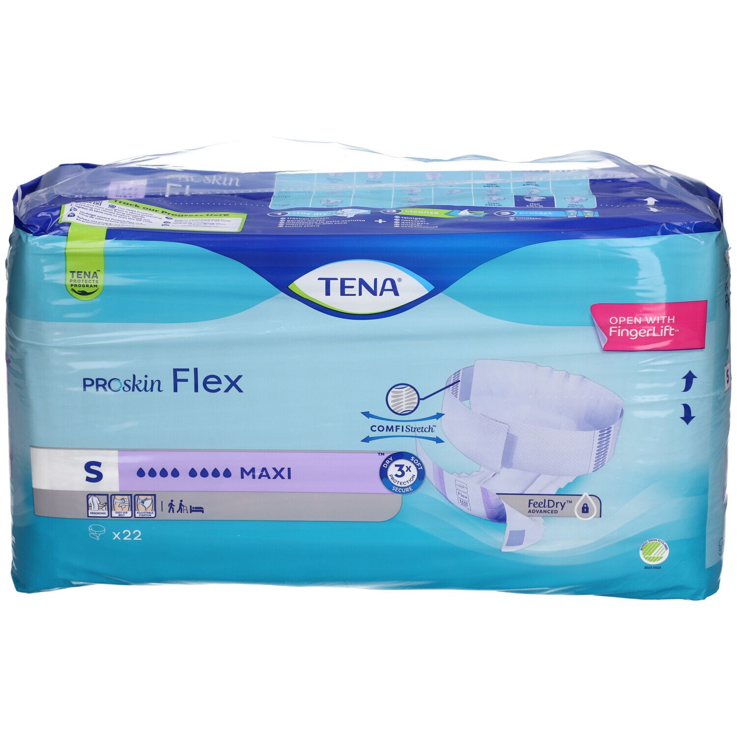 Verpackung TENA Flex Maxi S. Blaue Verpackung mit Produktabbildung. Schriftzug "ProSkin Flex", "S", und "Maxi".