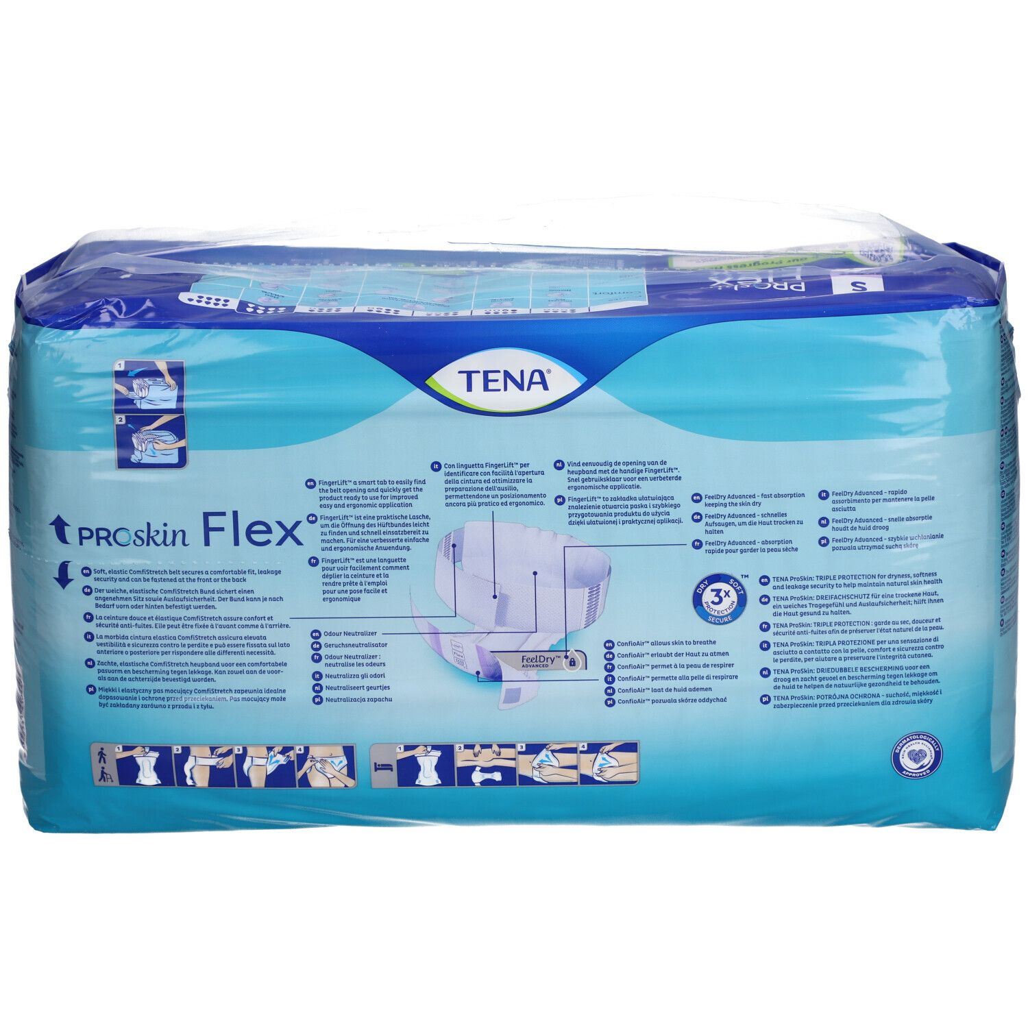 Rückseite der Verpackung TENA Flex Maxi S. Blaue Verpackung mit Produktinformationen und Abbildungen.