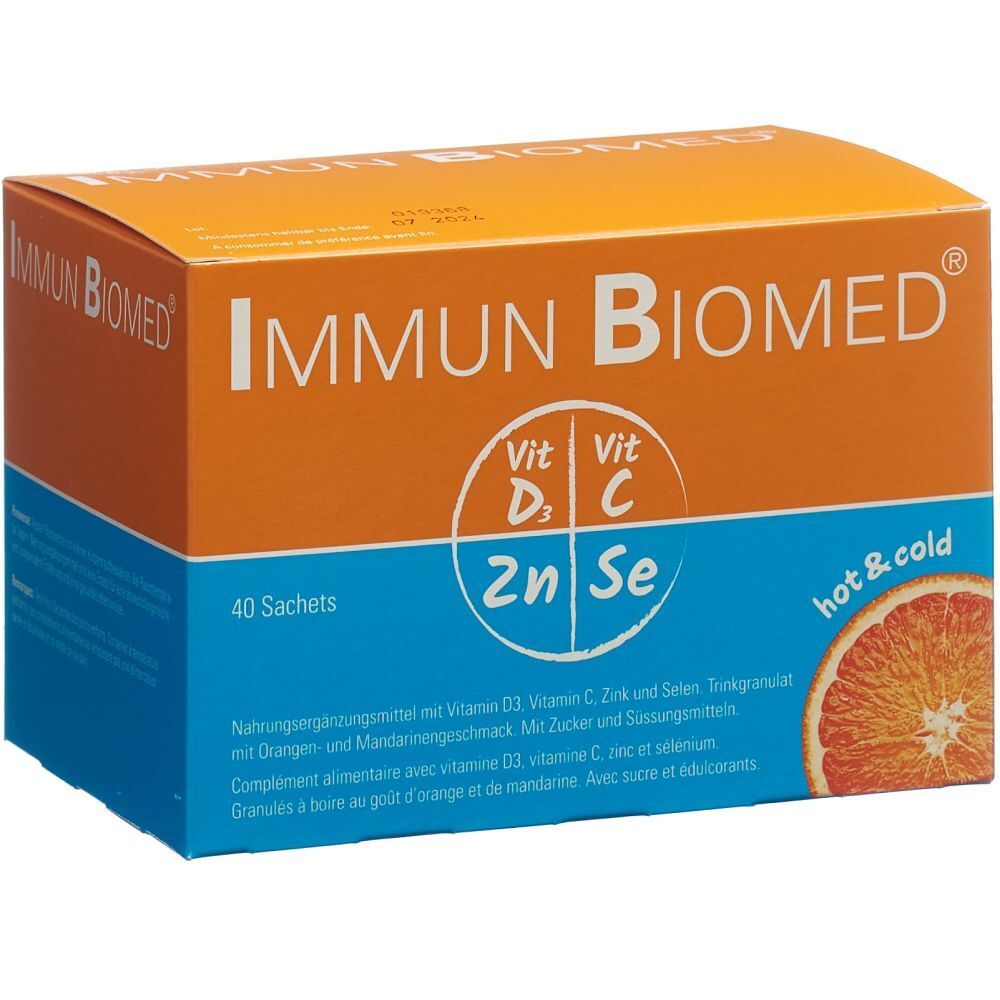 Orangefarbene Schachtel mit IMMUN Biomed. Enthält 40 Sachets. Aufschrift: Vit D3, Vit C, Zn, Se. Mit Orangen- und Mandarinengeschmack.