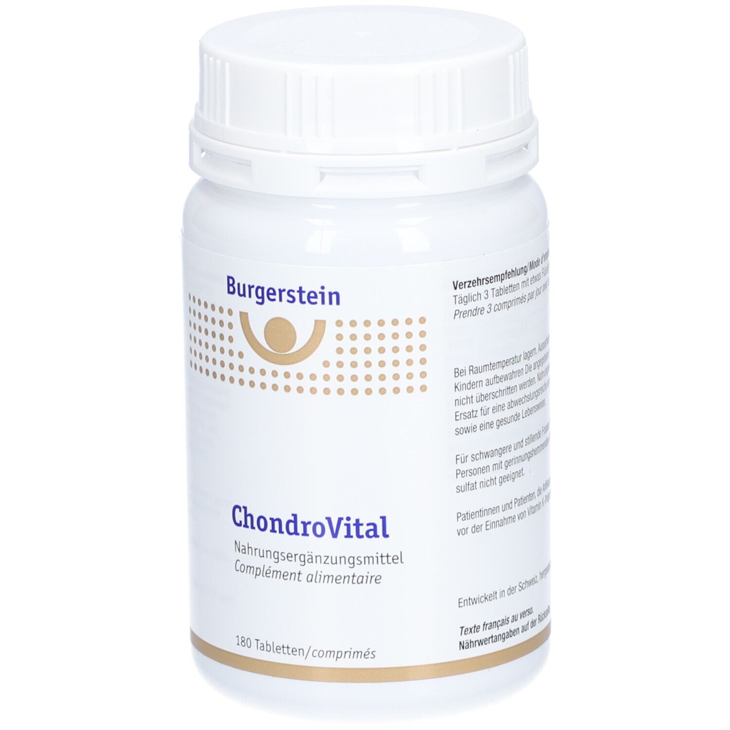 Weiße Flasche Burgerstein ChondroVital. 180 Tabletten. Nahrungsergänzungsmittel. Verzehrempfehlung.