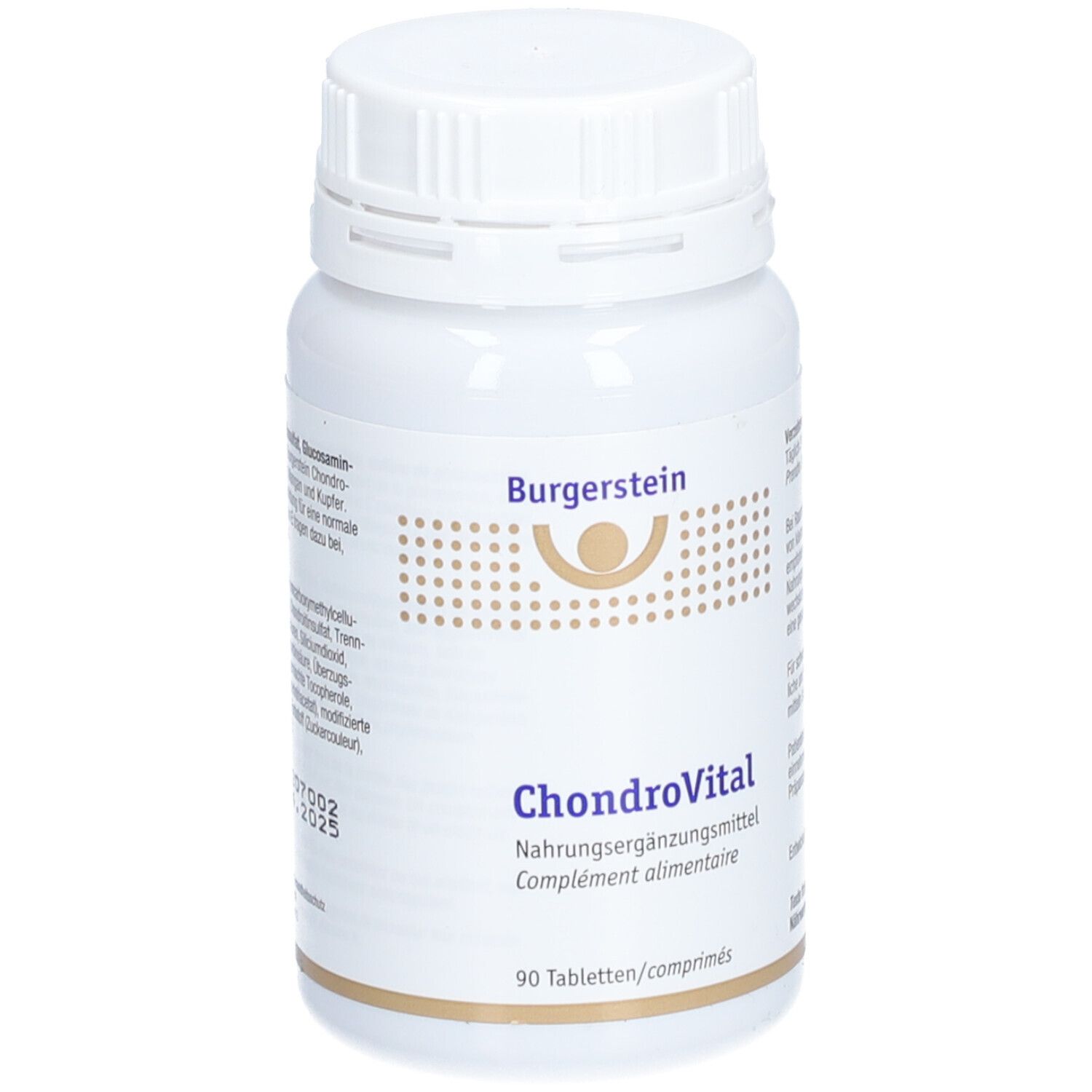 Weiße Tablettenflasche mit Schraubverschluss. Aufschrift: Burgerstein, ChondroVital, Nahrungsergänzungsmittel. 90 Tabletten.