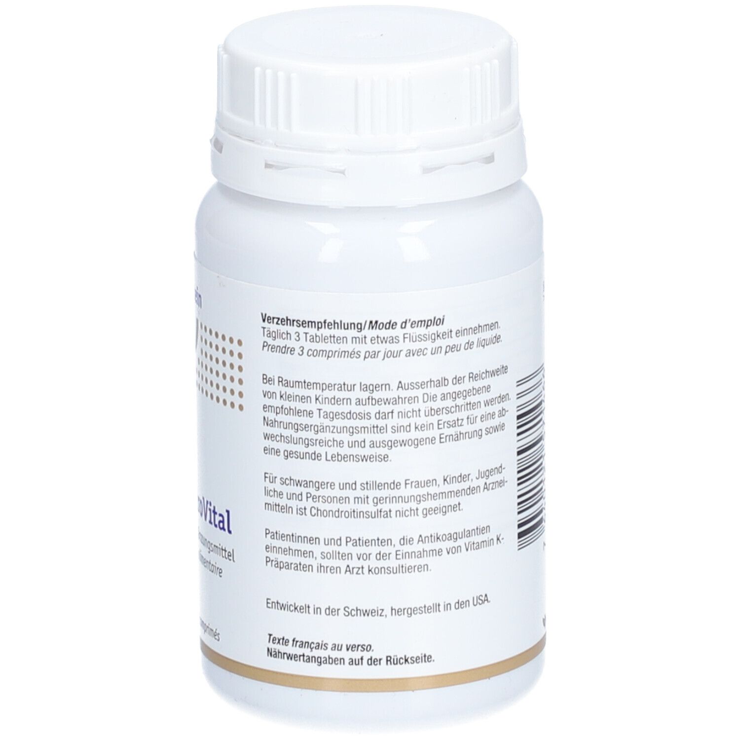 Rückseite der weißen Tablettenflasche. Enthält Informationen zu Inhaltsstoffen und Dosierungsempfehlung: 3 Tabletten täglich.