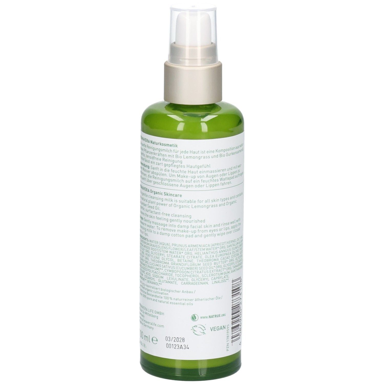 Grüne Flasche mit Pumpspender, enthält Reinigungsmilch. Beschriftung mit Inhaltsstoffen und Siegeln.