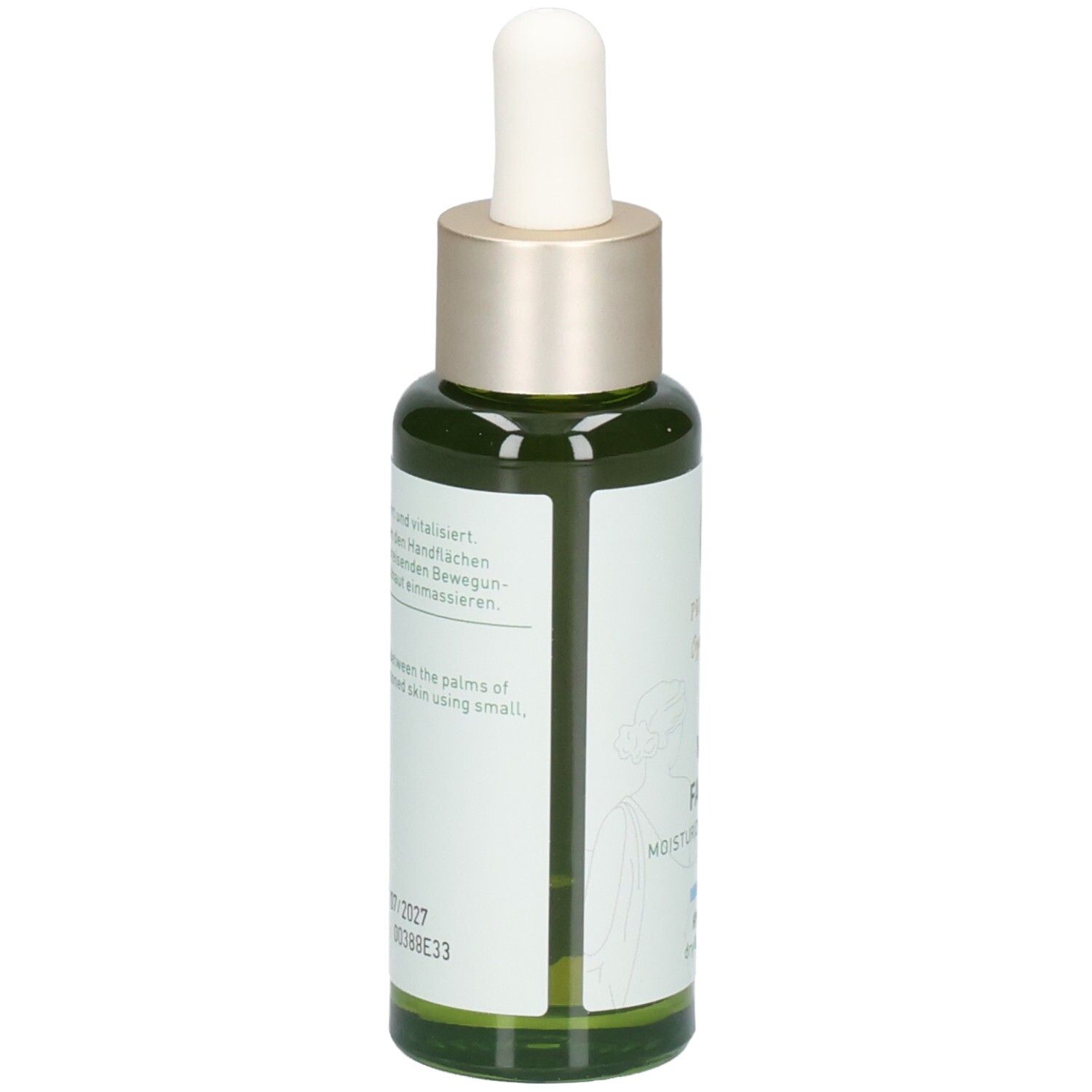 Rückseite einer grünen Glasflasche mit Pipette, Etikett mit Anwendungshinweisen und Chargennummer.