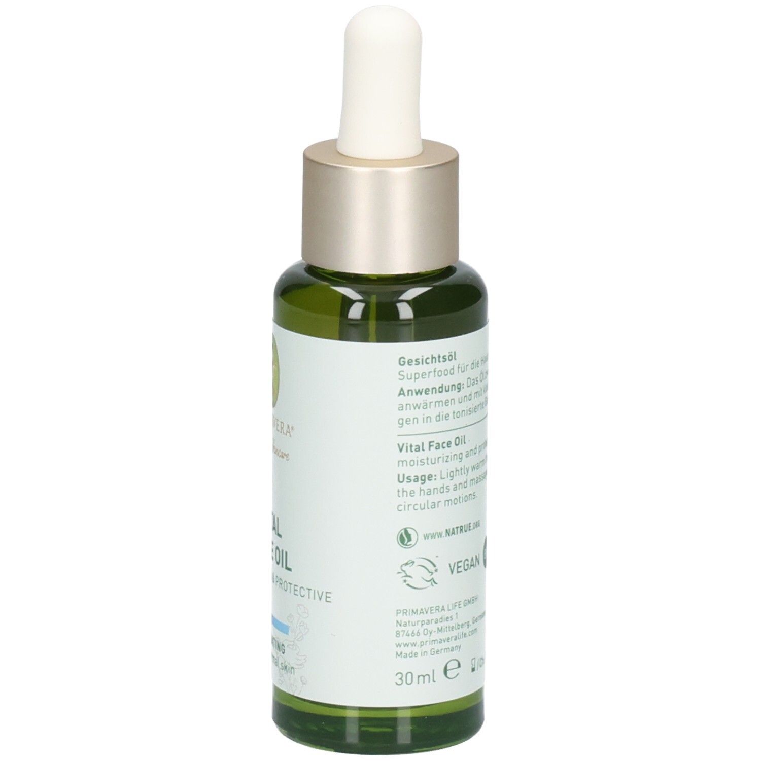 Seitenansicht einer grünen Glasflasche mit Pipette, Etikett mit "VEGAN BIO" Siegel und 30ml Füllmenge.