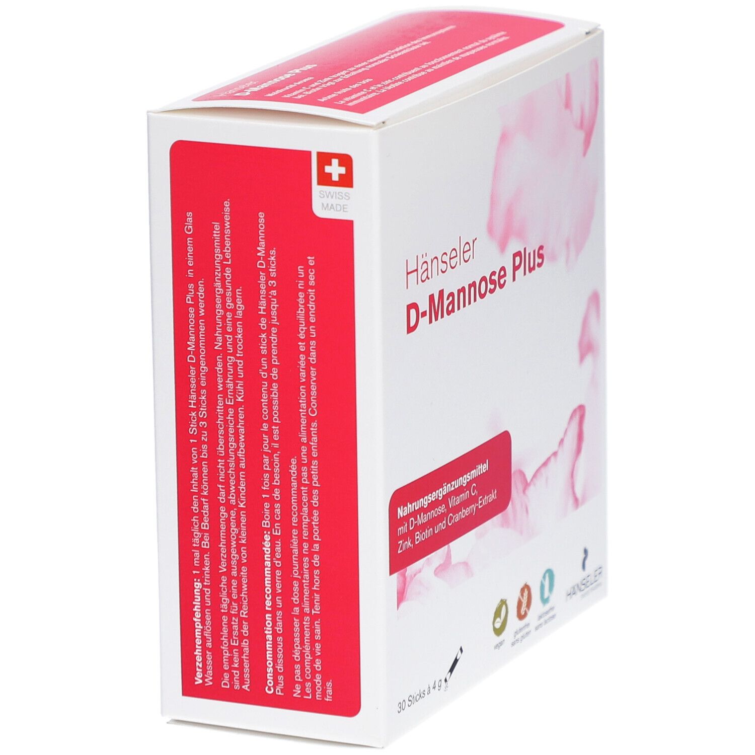 Karton Hänseler D-Mannose Plus, Seitenansicht. Roter Streifen mit Produktinformationen. Schweizer Kreuz. 30 Sticks à 4 g.