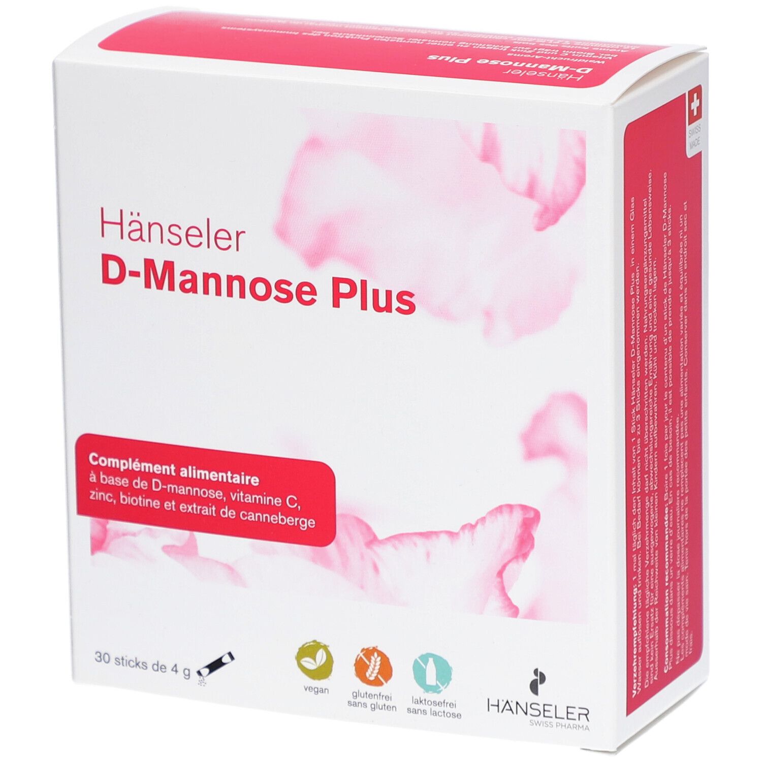 Karton Hänseler D-Mannose Plus. Roter Streifen mit Produktinformationen. 30 Sticks à 4 g. Vegan, glutenfrei, laktosefrei.