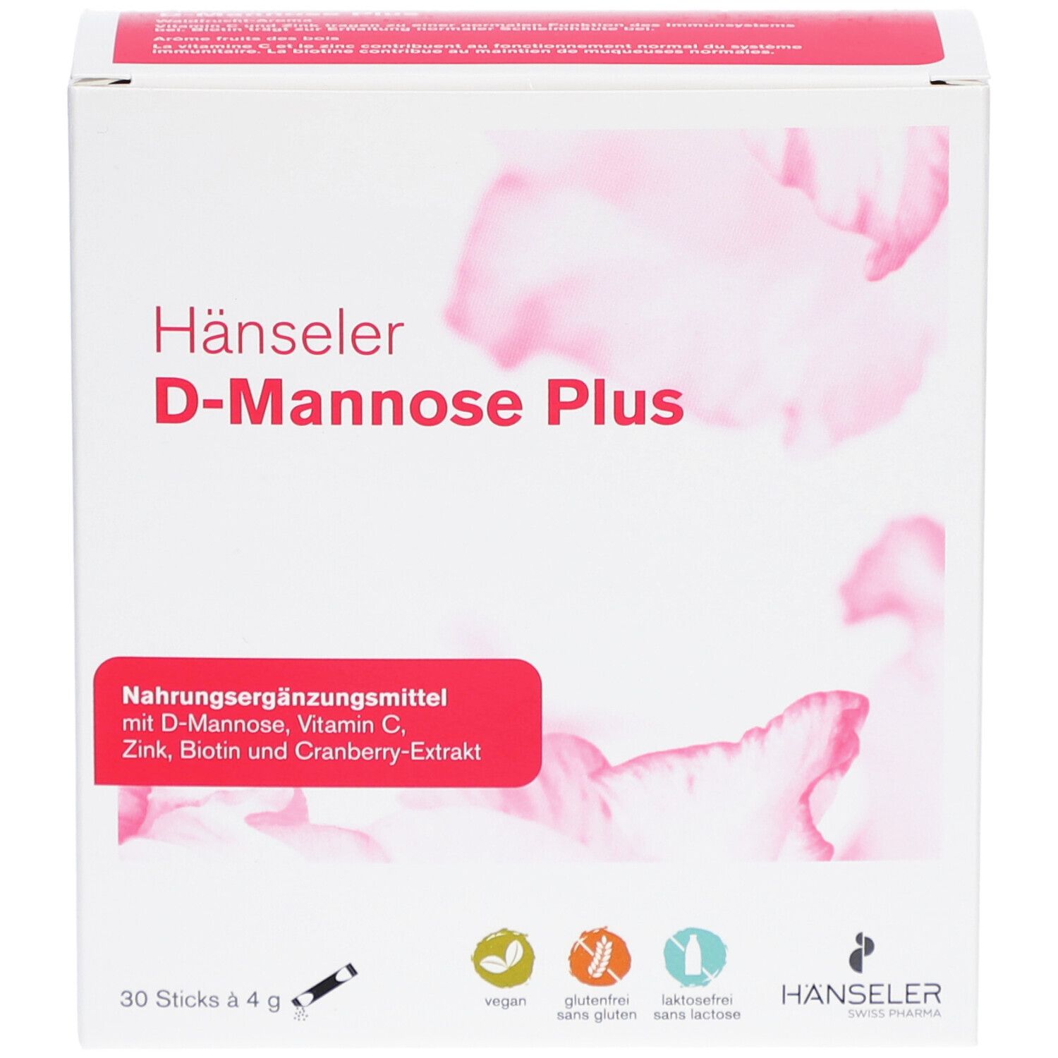 Weißer Karton Hänseler D-Mannose Plus. Roter Streifen mit Produktinformationen. 30 Sticks à 4 g. Vegan, glutenfrei, laktosefrei.