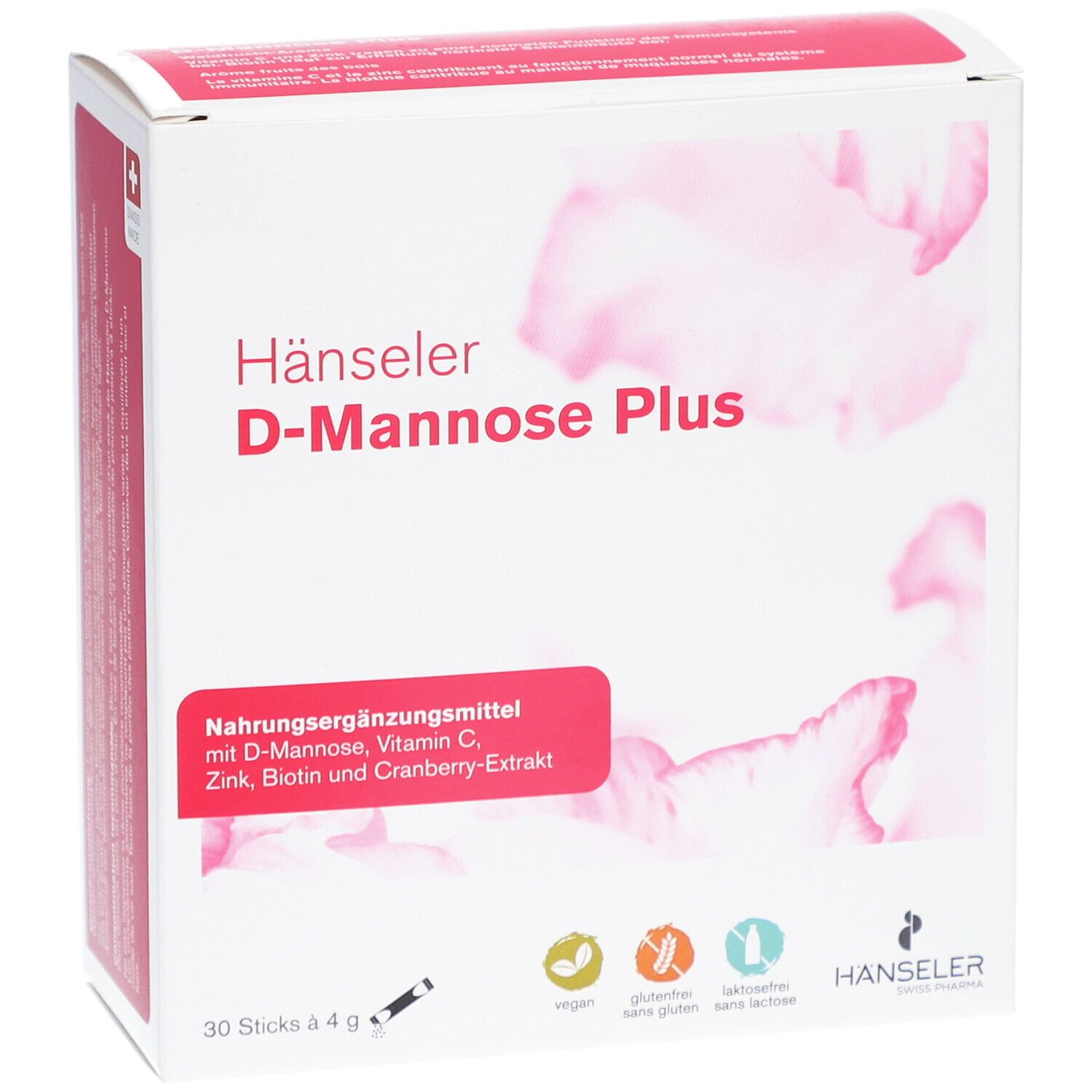 Weißer Karton Hänseler D-Mannose Plus. Roter Streifen mit Produktinformationen. 30 Sticks à 4 g. Vegan, glutenfrei, laktosefrei.