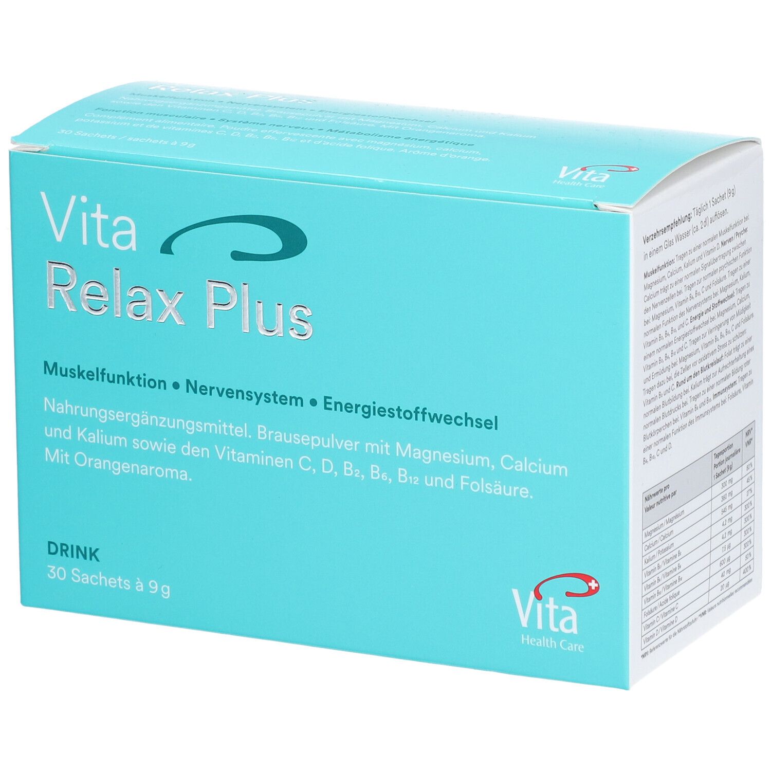 Türkisblaue Schachtel mit "Vita Relax Plus". Enthält 30 Sachets. Text: Muskelfunktion, Nervensystem, Energiestoffwechsel. Vita Health Care Logo.