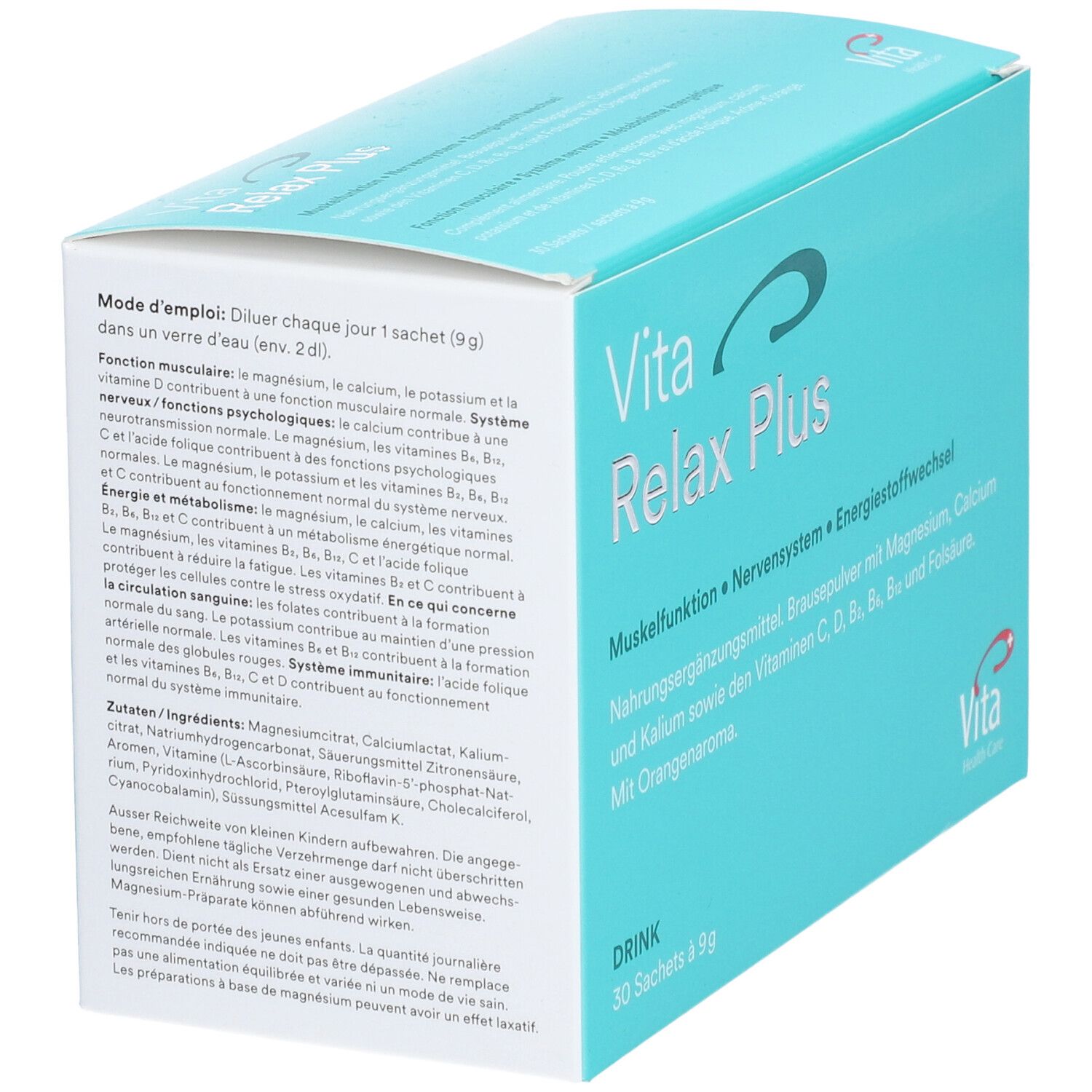 Türkisblaue Schachtel mit "Vita Relax Plus". Enthält 30 Sachets. Text in Deutsch und Französisch. Vita Health Care Logo.