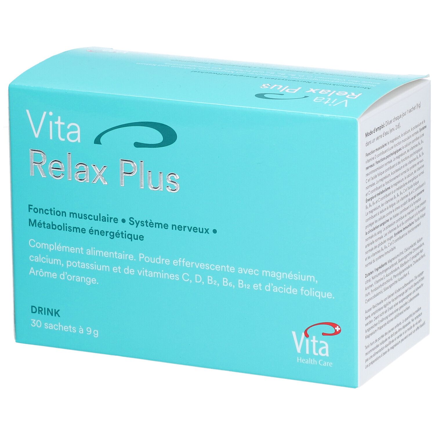 Türkisblaue Schachtel mit "Vita Relax Plus". Enthält 30 Sachets. Text: Muskelfunktion, Nervensystem, Energiestoffwechsel. Vita Health Care Logo.