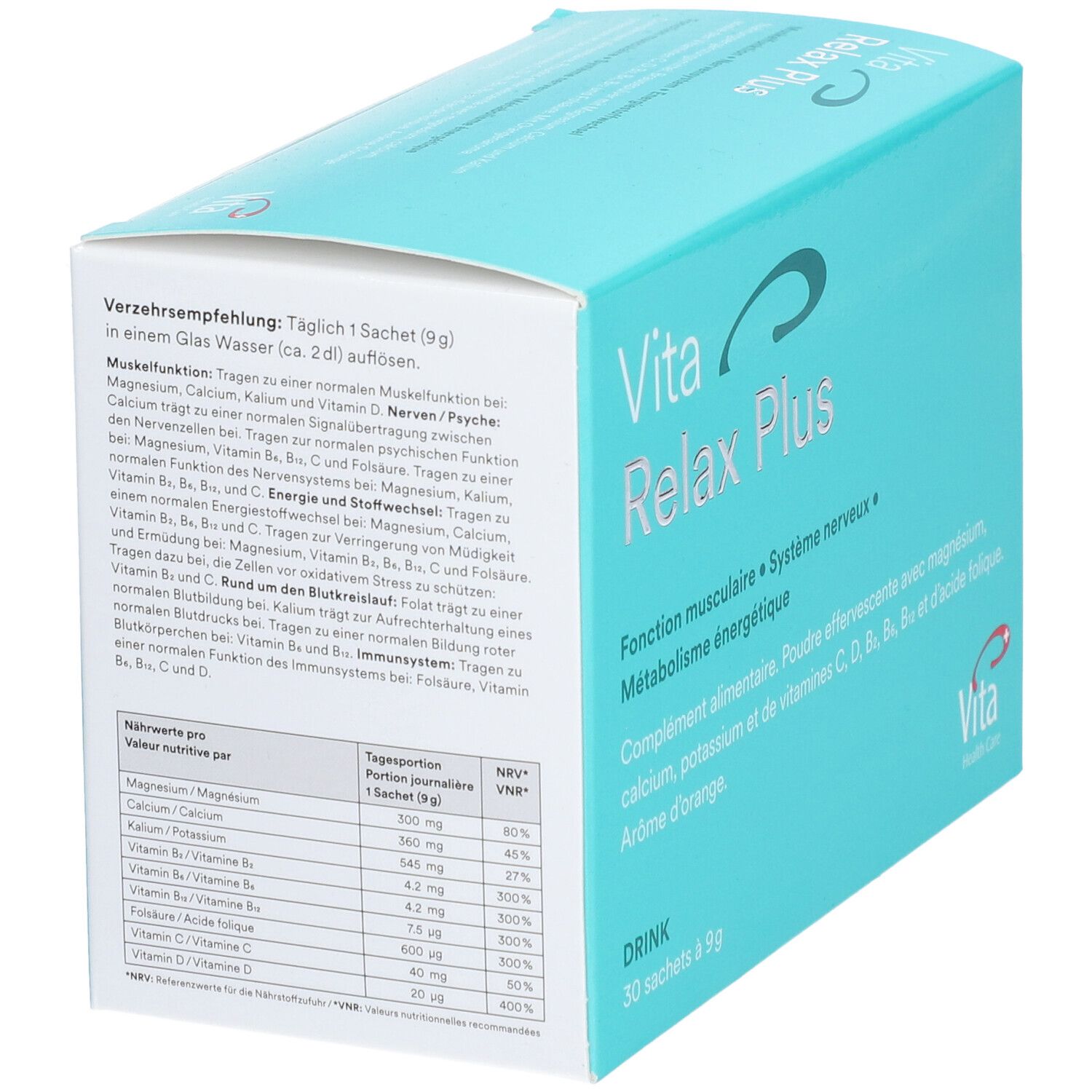Türkisblaue Schachtel mit "Vita Relax Plus". Enthält 30 Sachets. Text: Nährwertangaben. Vita Health Care Logo.