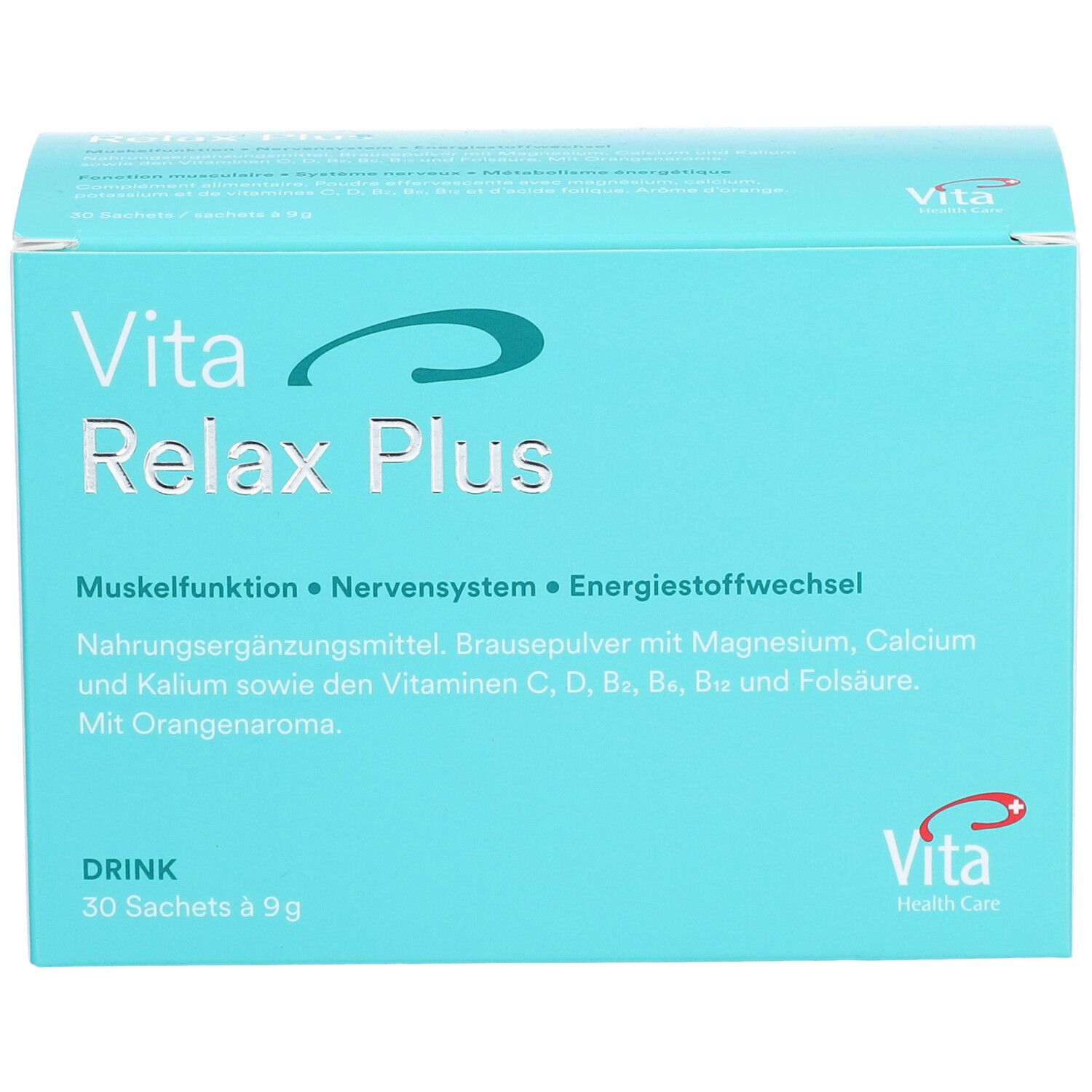 Türkisblaue Schachtel mit "Vita Relax Plus". Enthält 30 Sachets. Text: Muskelfunktion, Nervensystem, Energiestoffwechsel. Vita Health Care Logo.