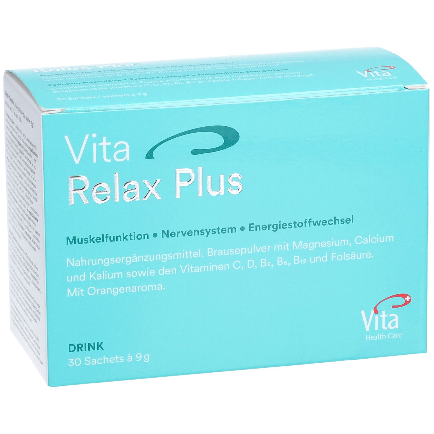 Türkisblaue Schachtel mit "Vita Relax Plus". Enthält 30 Sachets. Text: Muskelfunktion, Nervensystem, Energiestoffwechsel. Vita Health Care Logo.