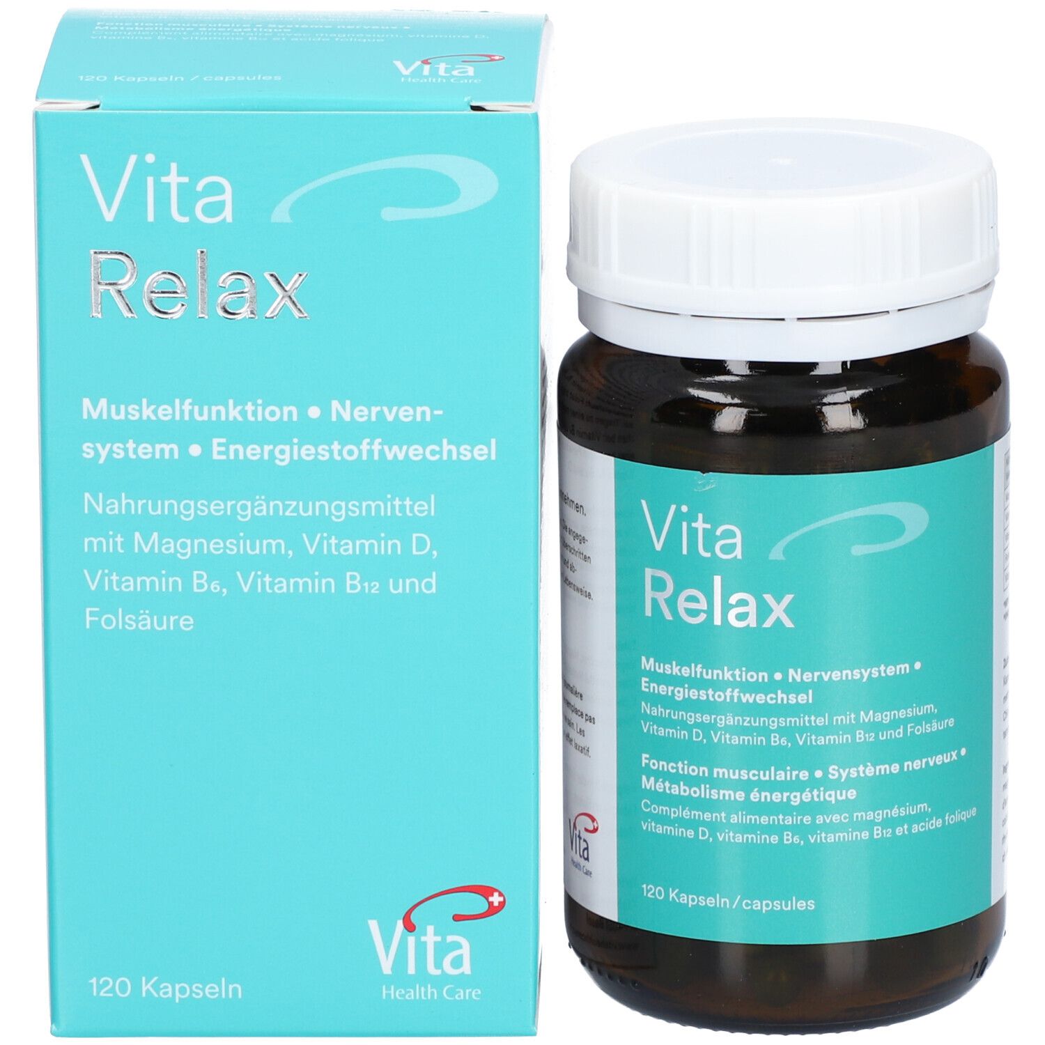 Produktverpackung mit Flasche und Karton. Flasche mit "Vita Relax". Karton mit Produktinformationen.