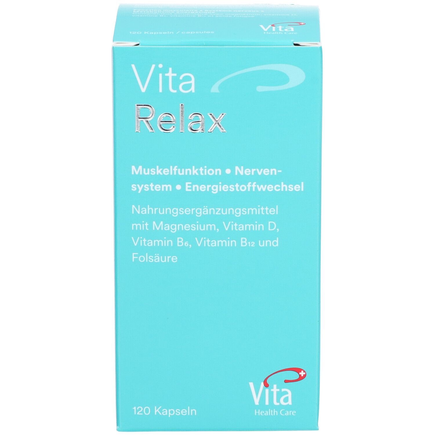 Türkisfarbene Produktverpackung. "Vita Relax" und Produktinformationen. Marke Vita Health Care.