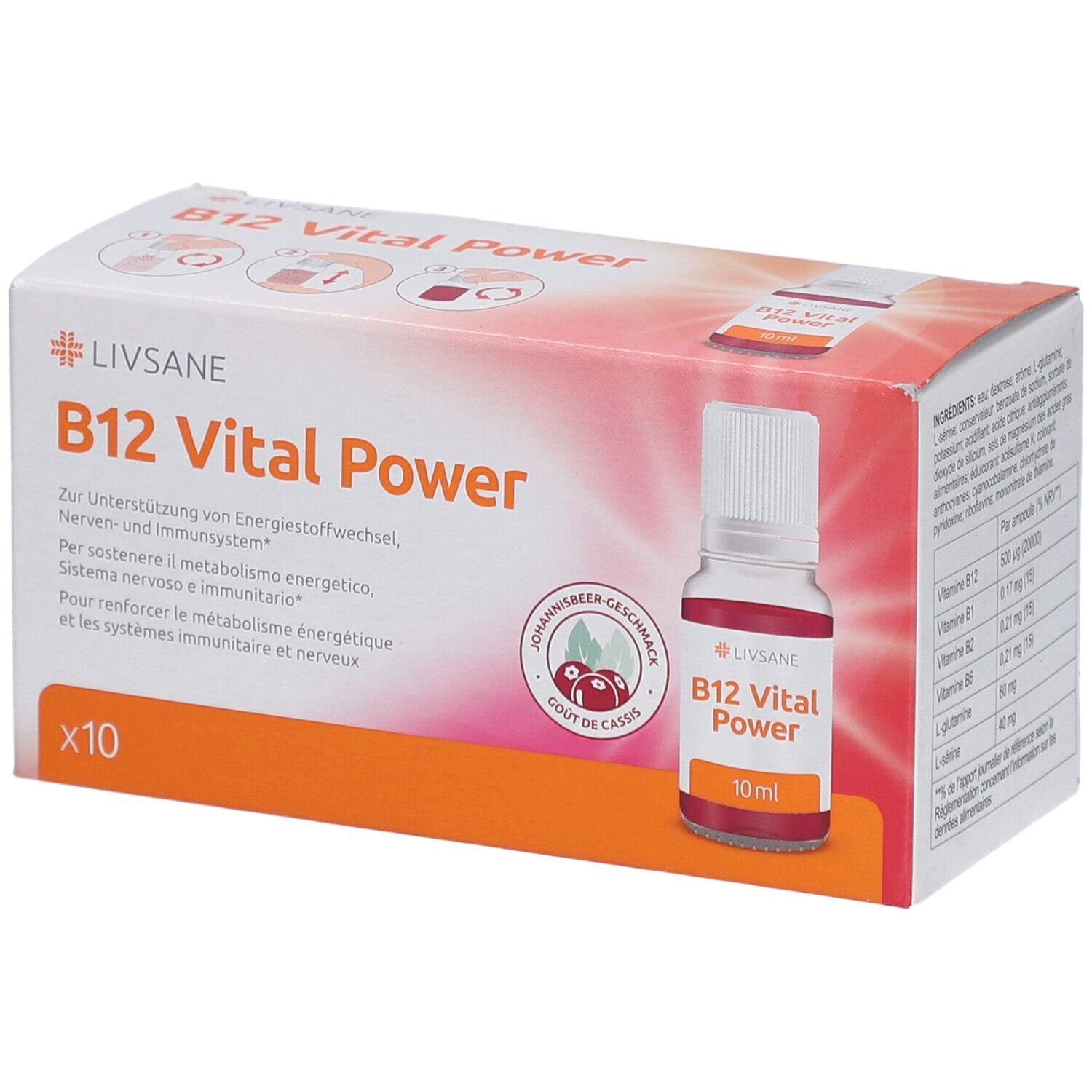 Verpackung mit LIVSANE B12 Vital Power. Enthält 10 Fläschchen. Aufdruck: B12 Vital Power, Schwarze Johannisbeere Geschmack, 10 ml.
