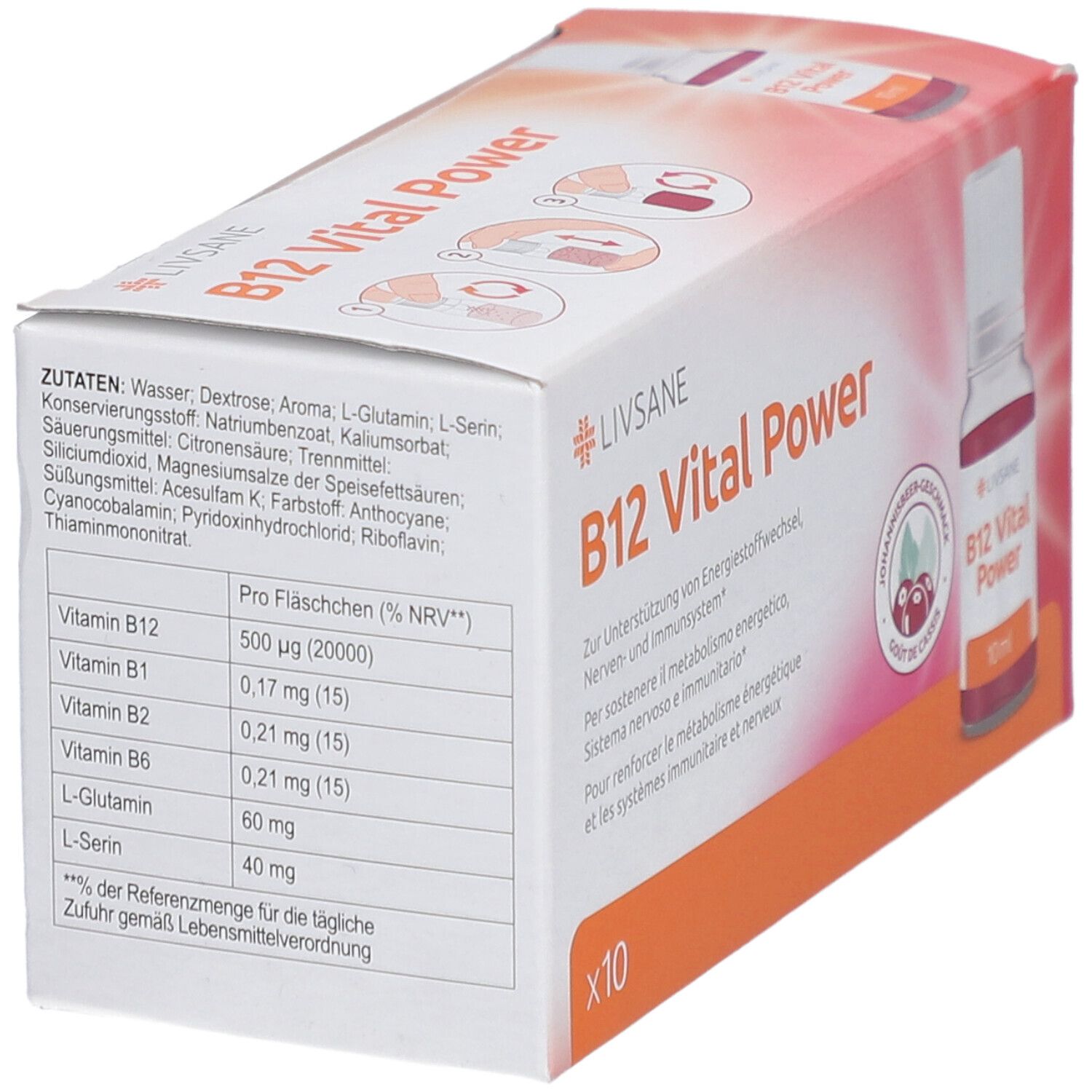 Rückseite der Verpackung mit Inhaltsstoffen und Nährwertangaben von LIVSANE B12 Vital Power. Enthält Vitamine und Aminosäuren.