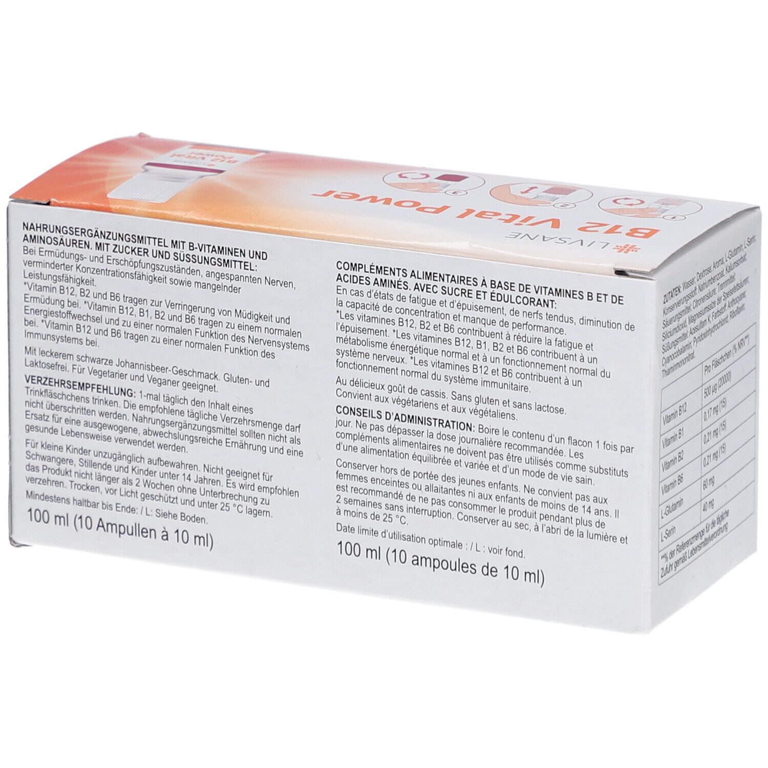 Verpackung von LIVSANE B12 Vital Power. Text: Nahrungsergänzungsmittel mit B-Vitaminen und Aminosäuren. 100 ml (10 Ampullen à 10 ml).