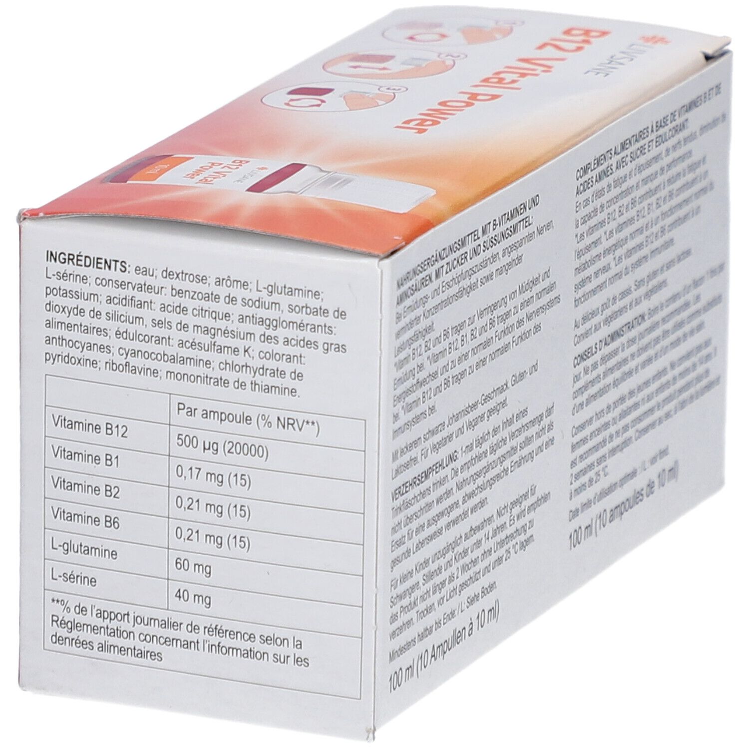 Rückseite der Verpackung von LIVSANE B12 Vital Power. Enthält Inhaltsstoffe und Nährwertangaben. 100 ml (10 Ampullen à 10 ml).
