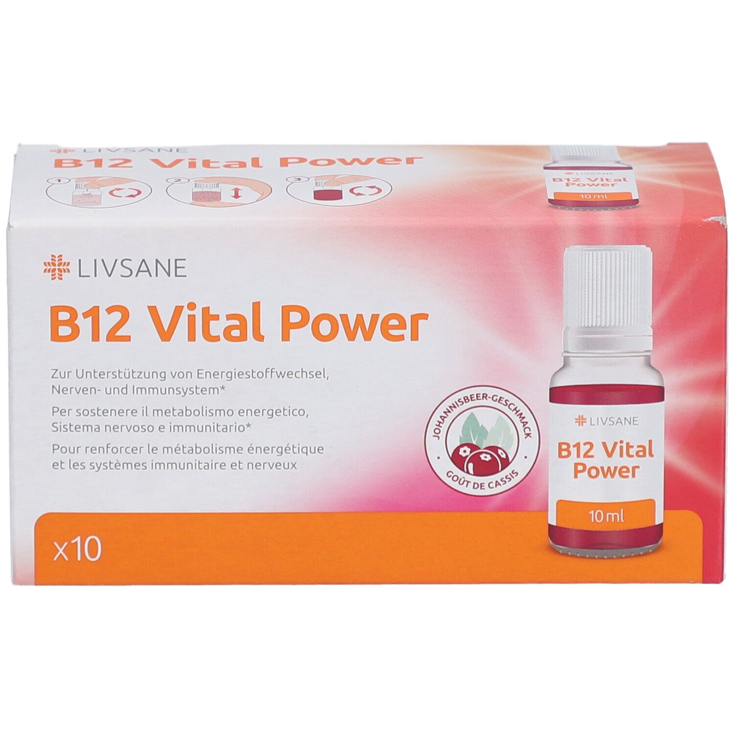 Verpackung mit LIVSANE B12 Vital Power. Enthält 10 Fläschchen. Aufdruck: B12 Vital Power, Schwarze Johannisbeere Geschmack, 10 ml.