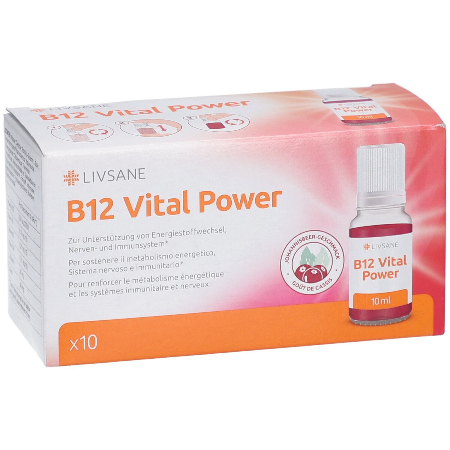 Verpackung mit LIVSANE B12 Vital Power. Enthält 10 Fläschchen. Aufdruck: B12 Vital Power, Schwarze Johannisbeere Geschmack, 10 ml.