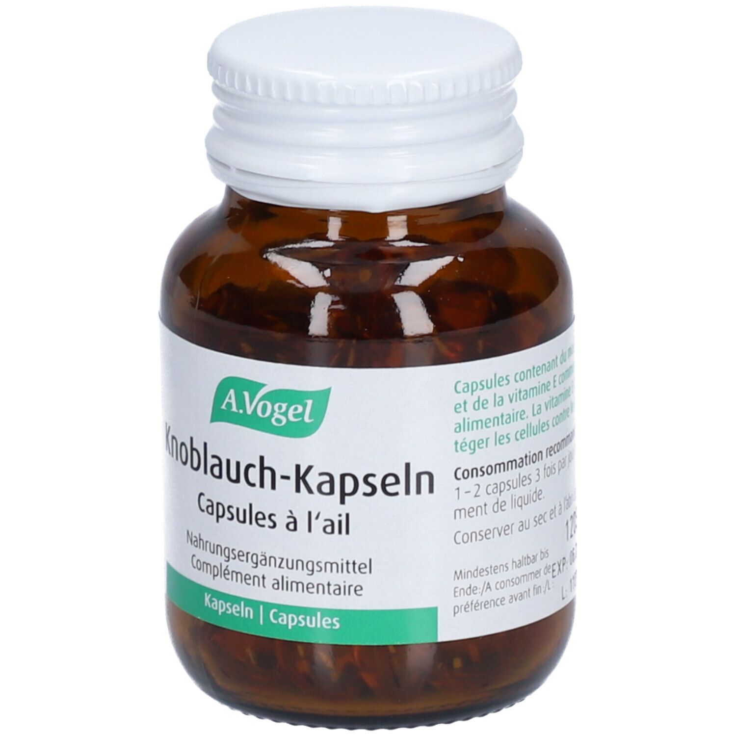 Braune Glasflasche mit weißem Deckel. Etikett mit Produktname, Marke A.Vogel und Kapsel-Bezeichnung. Inhalt sichtbar.