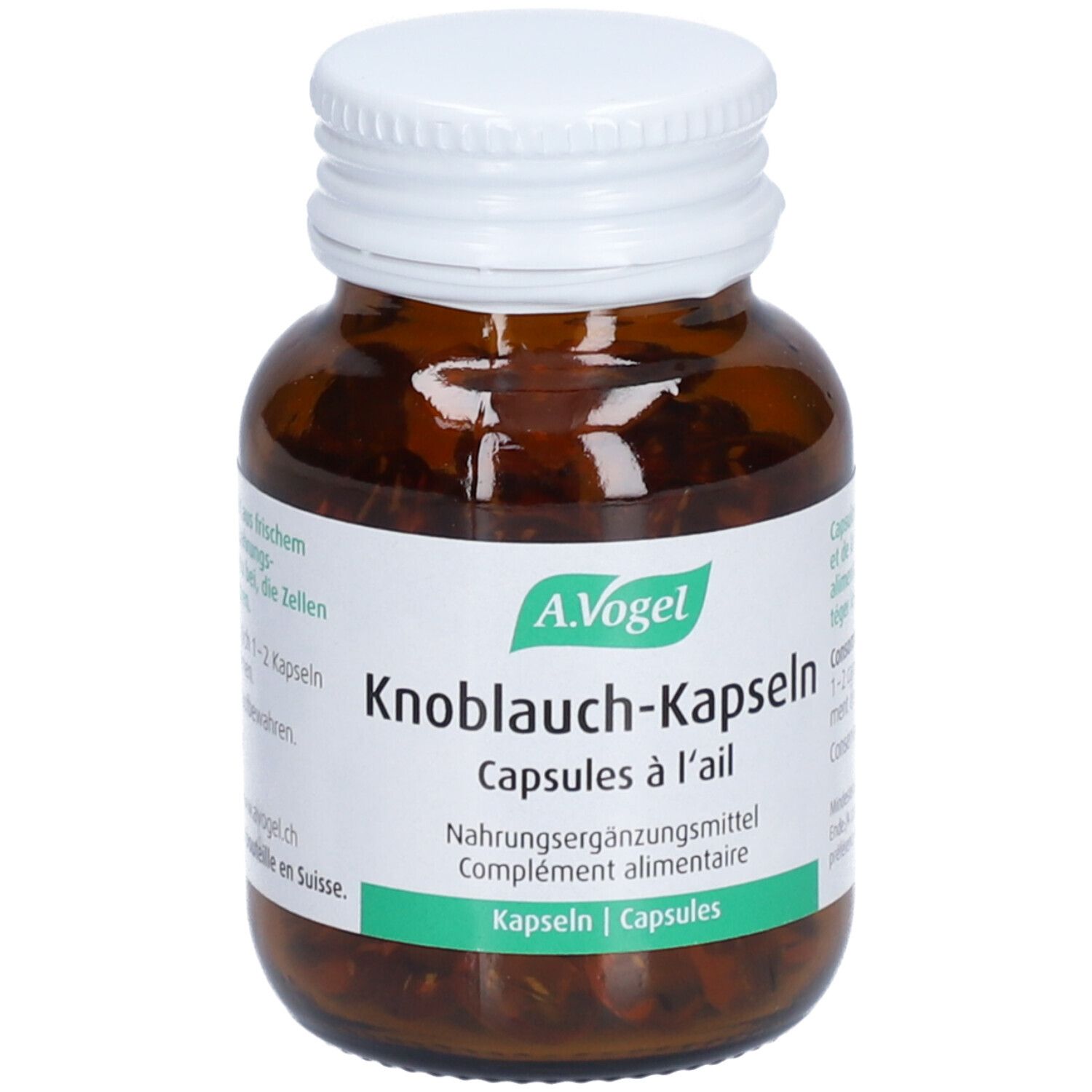 Braune Glasflasche mit weißem Deckel. Etikett mit Produktname, Marke A.Vogel und Kapsel-Bezeichnung. Inhalt sichtbar.