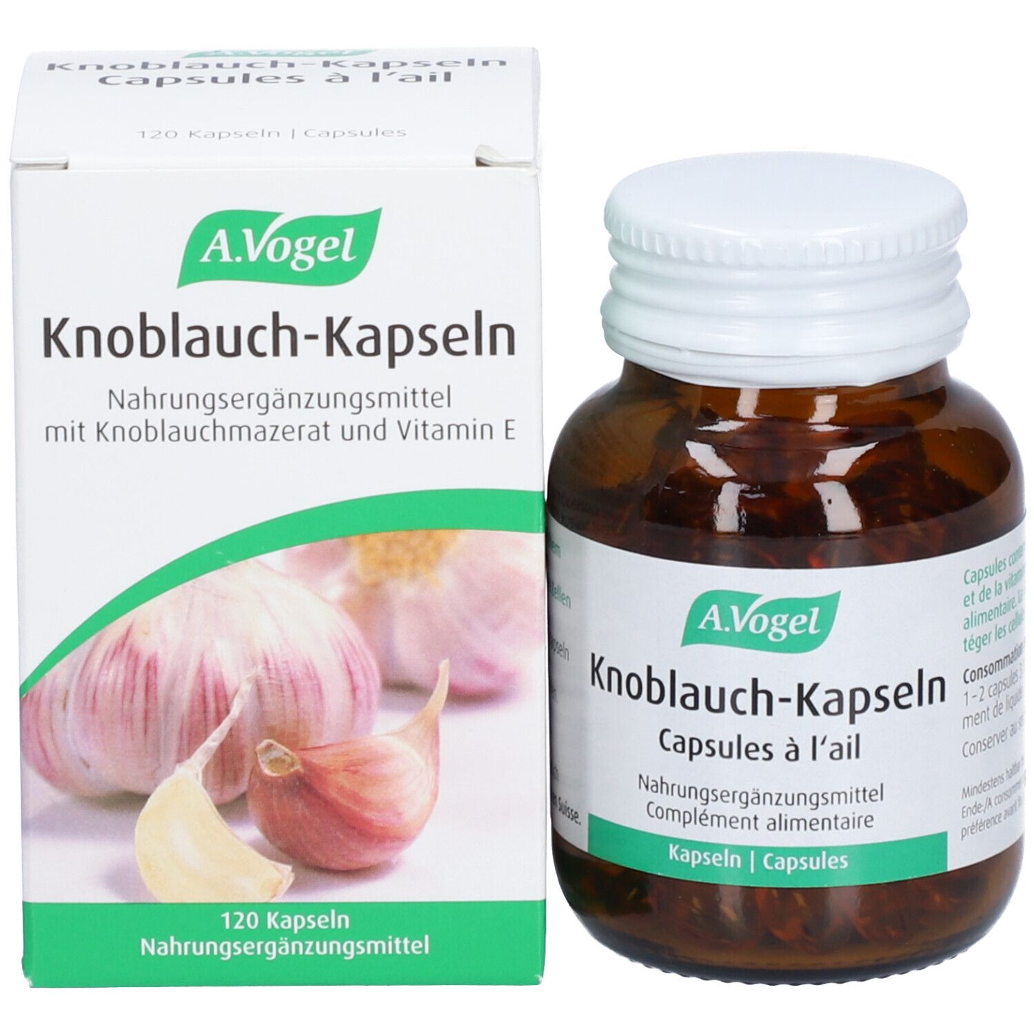 Produktflasche und Schachtel. Schachtel mit Knoblauch-Abbildung, Produktname und Marke A.Vogel. Flasche daneben.