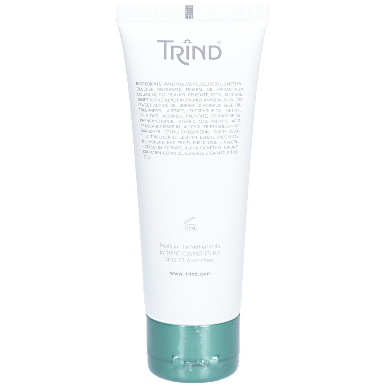 Dos du tube blanc. Ingrédients, Made in The Netherlands, TRIND COSMETICS B.V., www.trind.com.