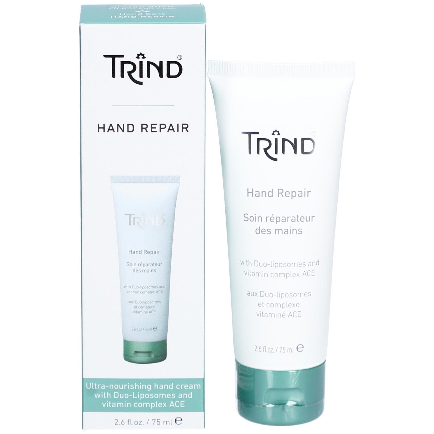 Emballage du produit: tube et boîte. Inscription TRIND, Hand Repair. Boîte: Crème mains ultra-nourrissante. Duo-liposomes, vitamine ACE.