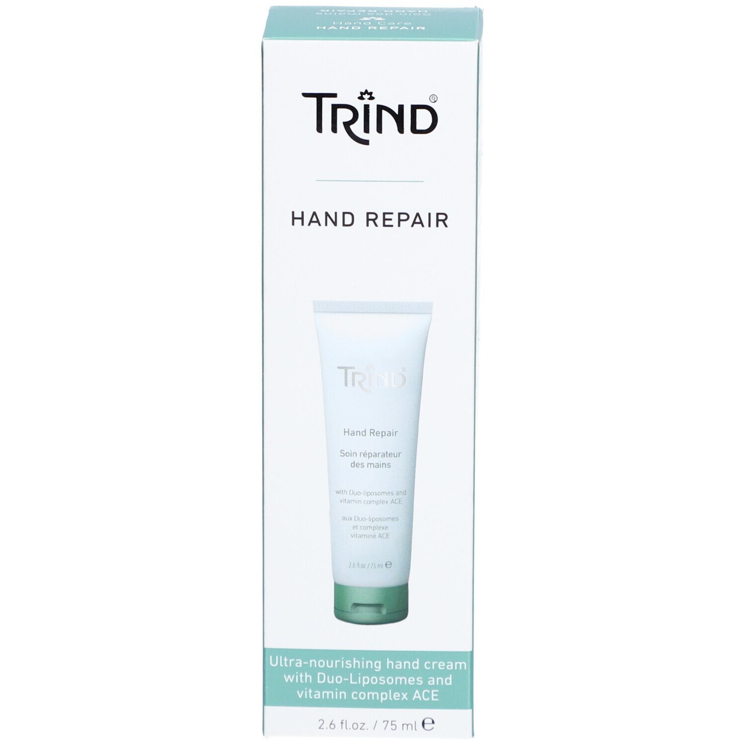 Emballage du produit: boîte. Inscription TRIND, Hand Repair. Texte: Crème mains ultra-nourrissante. Duo-liposomes, vitamine ACE.