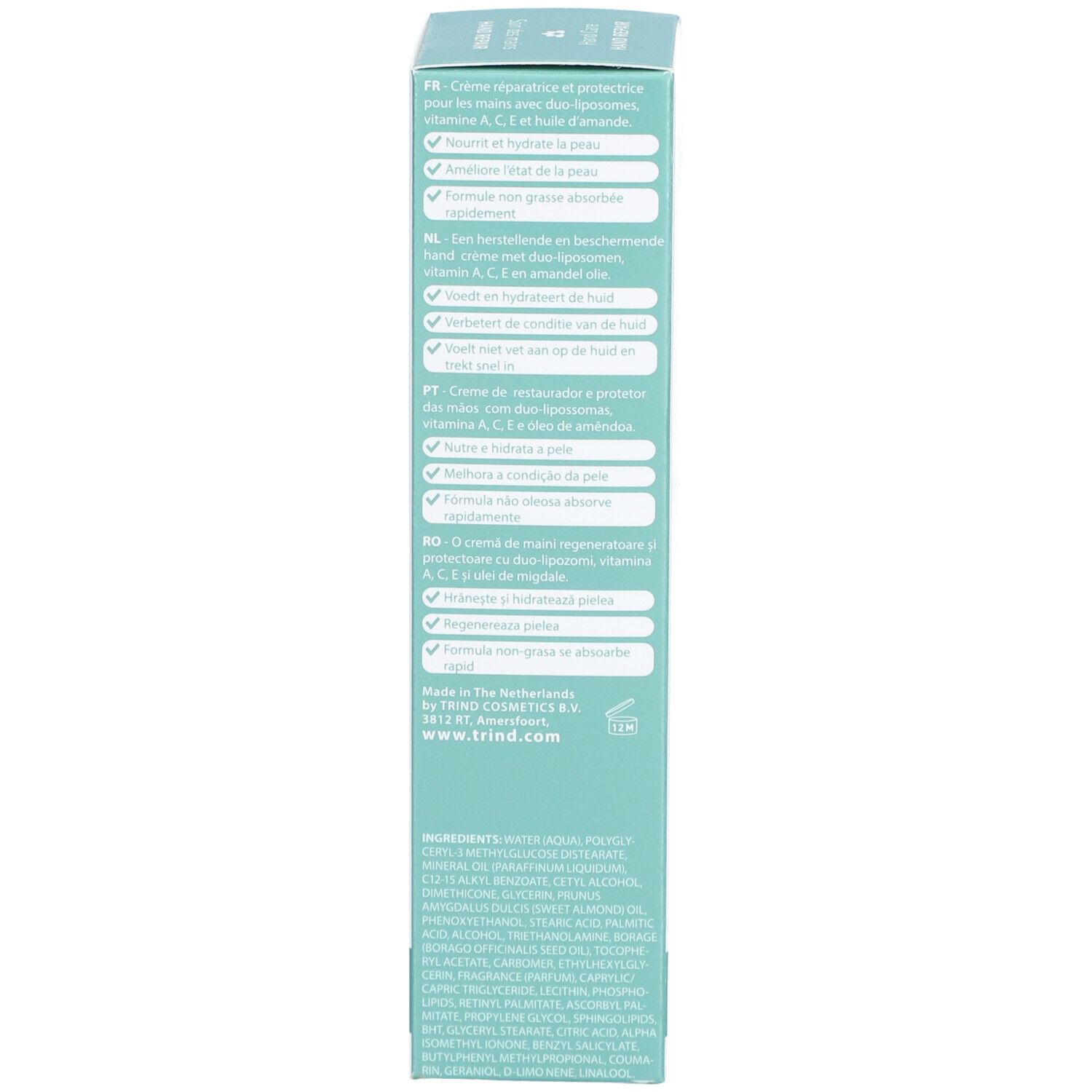Côté de la boîte. Texte en plusieurs langues: FR, NL, PT, RO, IT, DE. Description des propriétés du produit.