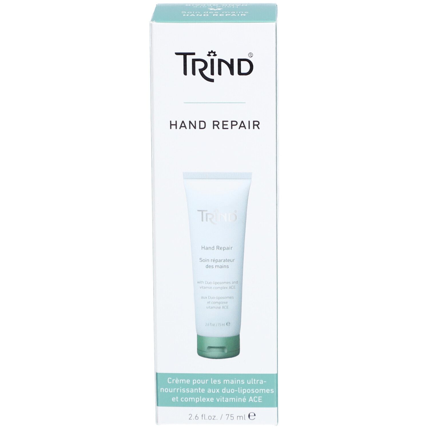 Emballage du produit: boîte. Inscription TRIND, Hand Repair. Texte: Crème pour les mains ultra-nourrissante. Duo-liposomes, vitamine ACE.
