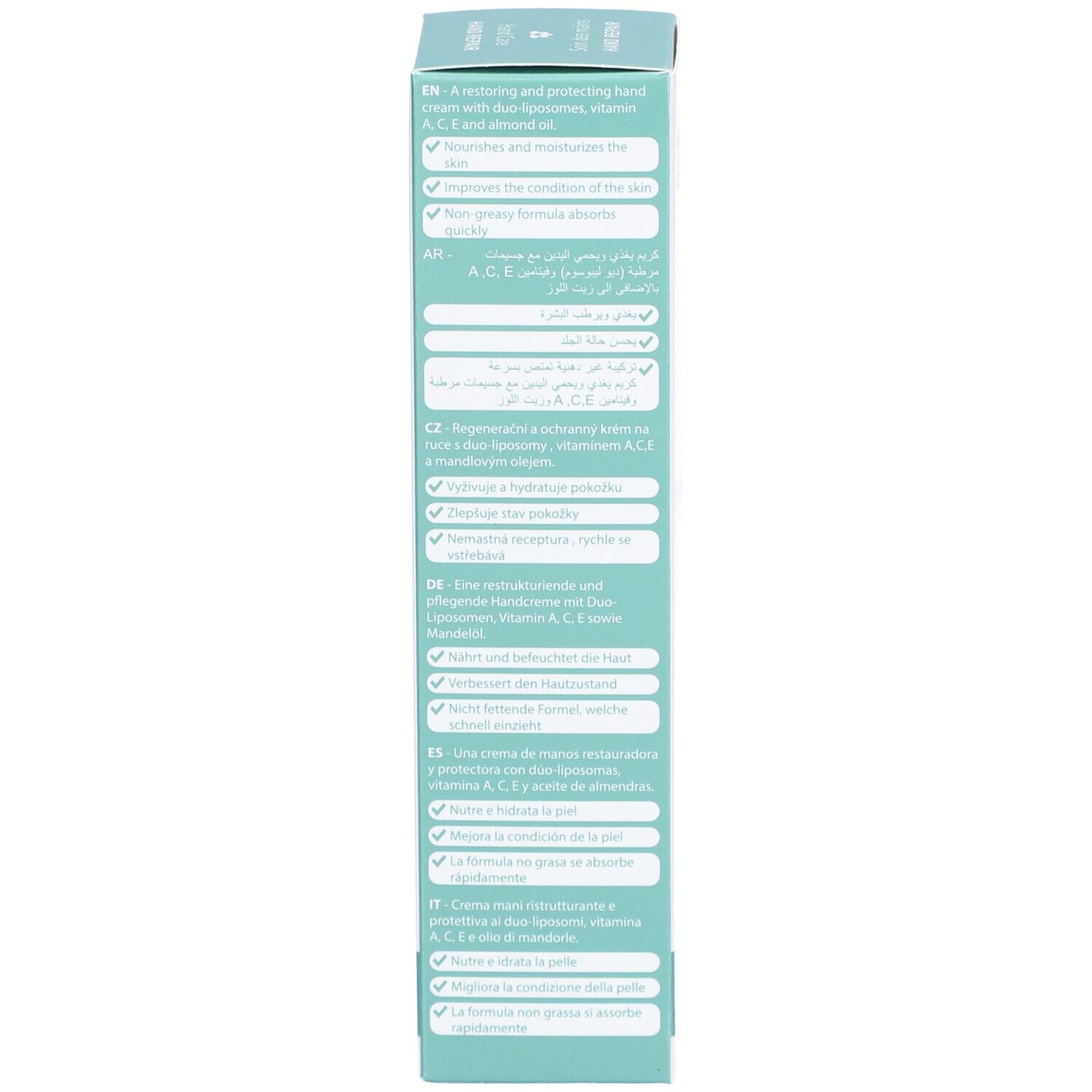 Côté de la boîte. Texte en plusieurs langues: EN, AR, CZ, DE, ES, IT, PT. Description des propriétés du produit.
